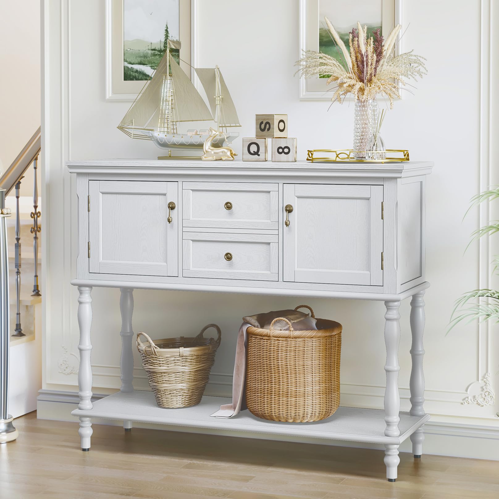 HOLTICO Console Table with Drawers and Storage Cabinets, White Entryway Table Wooden Narrow Console & Sofa Tables for Hallway, Living Room, Bedroom