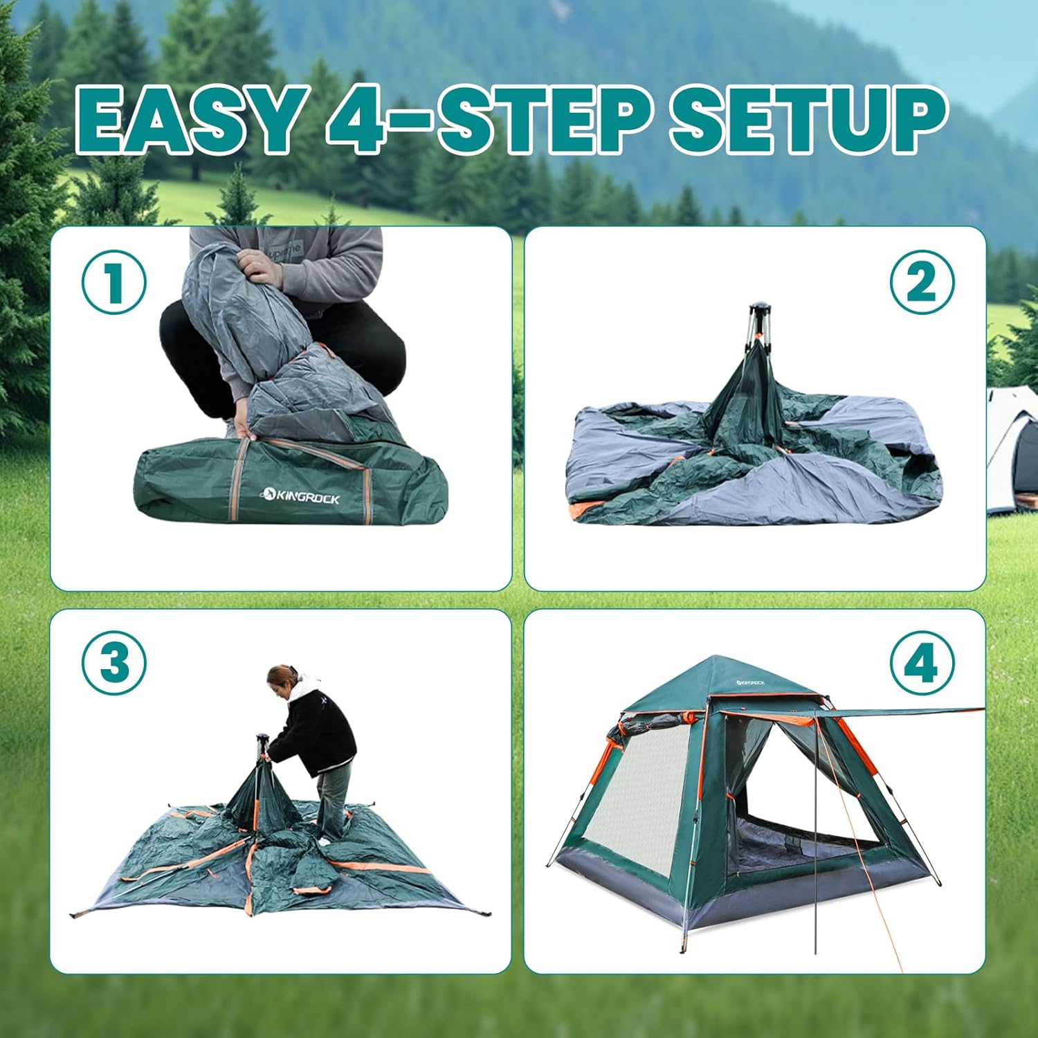 KINGROCK Blockout Camping Tent, Instant Easy pop up Camping Tent,Automatic Waterproof Family Tents for Camping 4 Person, Easy Set Up Tents,Portable Windproof Dome Tent for Camping