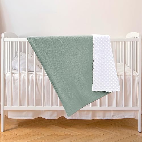 Miniatura 7 de Manta de muselina para bebé recién nacido, manta minky con parte delantera de muselina de algodón y respaldo de forro polar punteado, manta de cama
