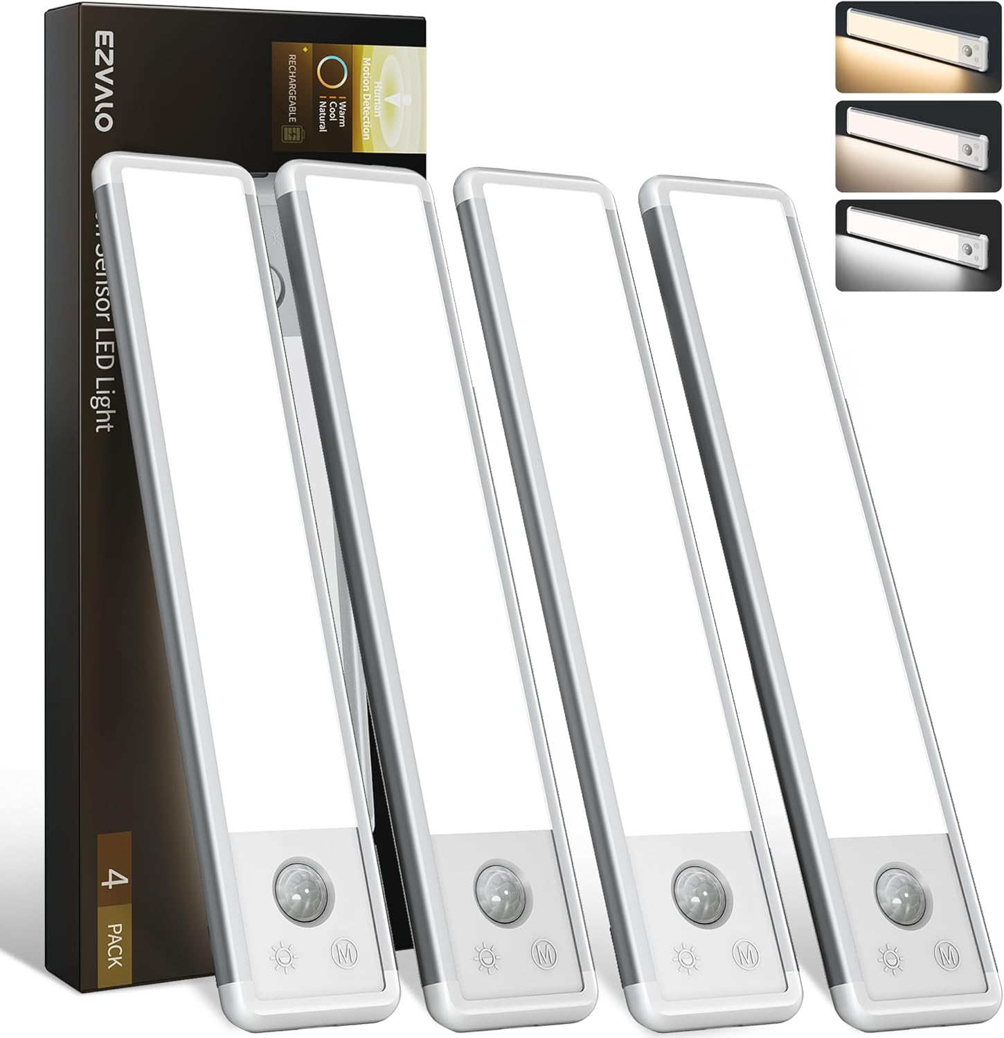 EZVALO 8-inch Under Cabinet Lighting, 1800mAh Rechargeable Motion Sensor Light, 3 Color Temperatures, Dimmable Magnetic Wireless Light for Kitchen, Pantry, Closet, Stairs