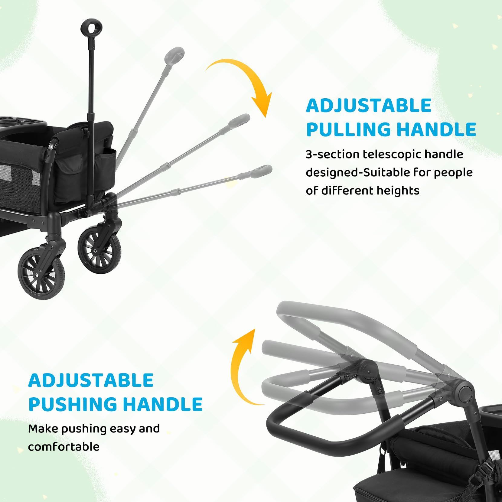 ELEMARA Passeggino per 2 bambino, passeggino pieghevole, carrello multiuso per bambino, carrello con tettoia rimovibile, maniglia regolabile, imbracature, grande borsa