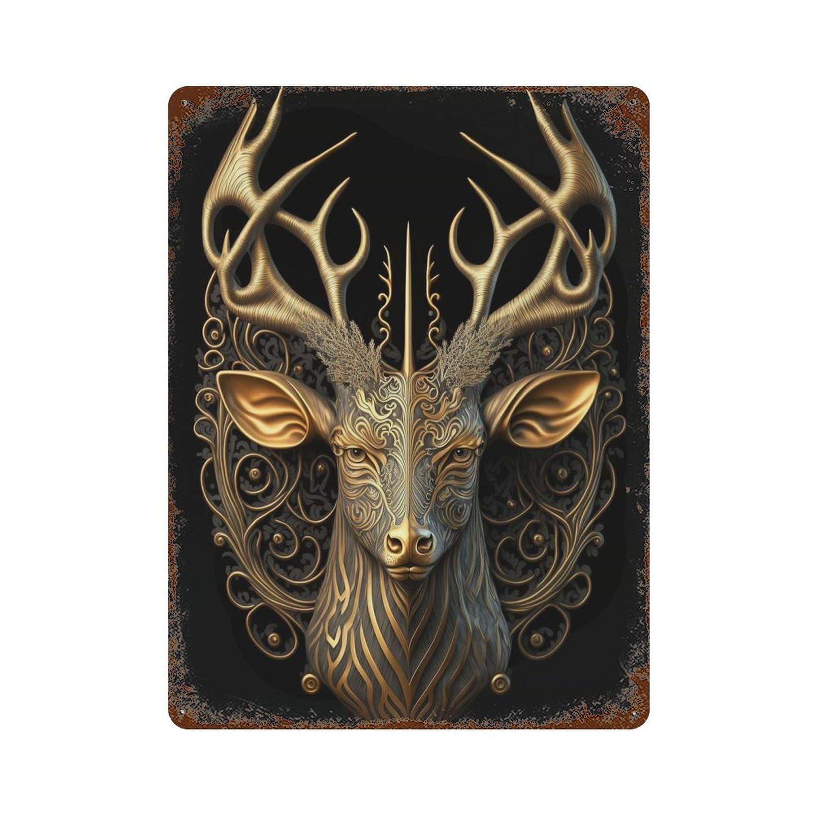 Deer Golden Art Deco Decorative Tin Sign 15.7"x11.8", Vintage Wall Decor for Basement, Hobby Room And Garage Decor