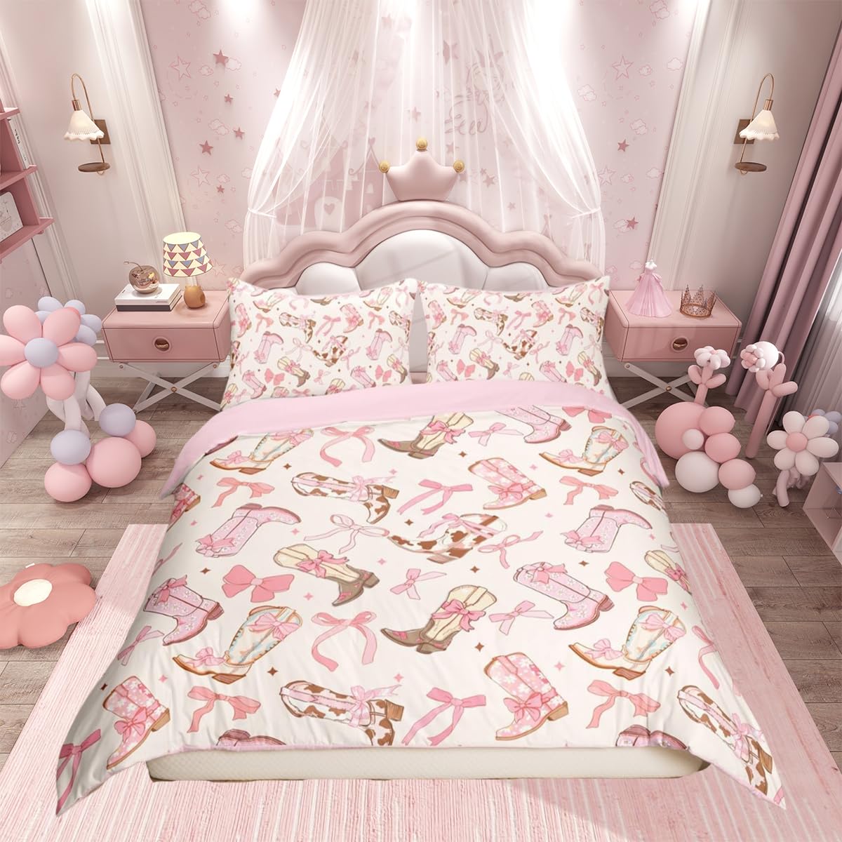 Loussiesd Pink Bow Bedding Set Single Size Kids Cute Bowknot Duvet Cover for Boys Teens Girls Bow Comforter Cover Breathable Western Boots Bedspread Cover Room Decor Bow Quilt Cover