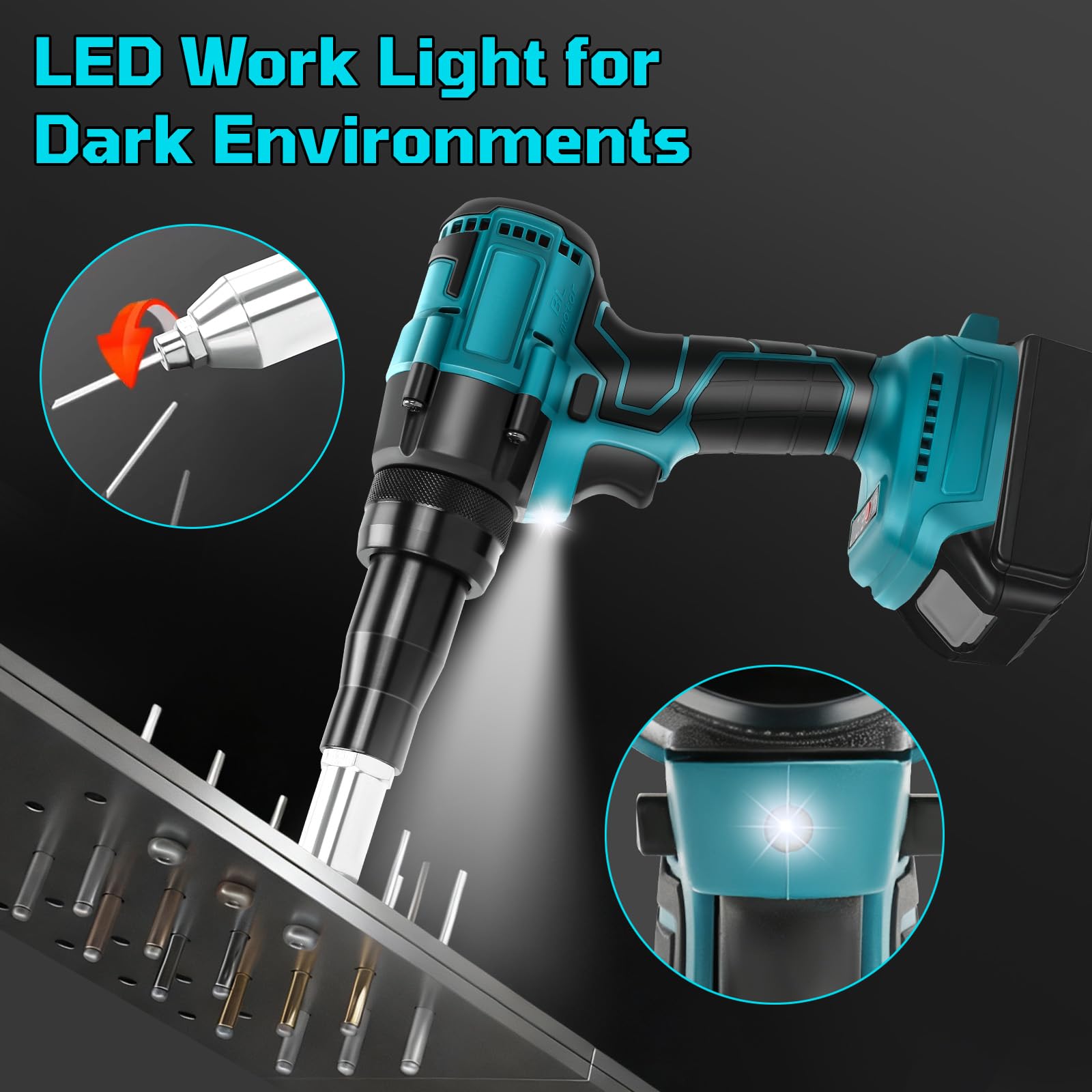 Pince à Rivets sans fil compatible avec Makita 18V batterie, 20000 N Pistolet à Rivets, électrique sans balais avec LED, Pour rivets aveugles de Ø2,4-5,0 mm, course 18 mm (sans batterie)