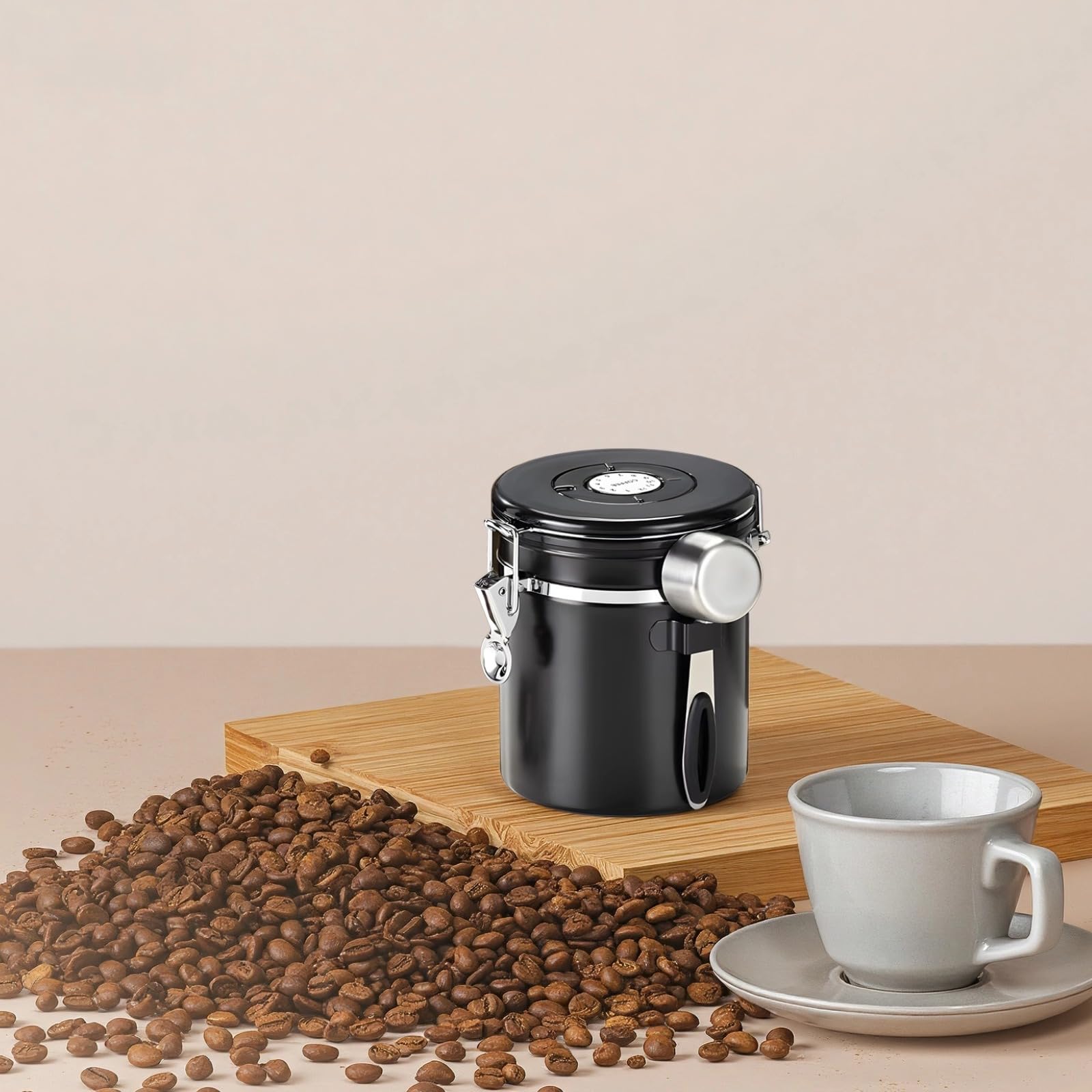 Kaffeedose 1,8 L, matt schwarz, mit Sichtfenster, luftdichter 304 Edelstahl Behälter mit Löffel, Single Valve für Kaffeebohnen, gemahlenen Kaffee, Tee, Nüsse, Aufbewahrung in der Küche