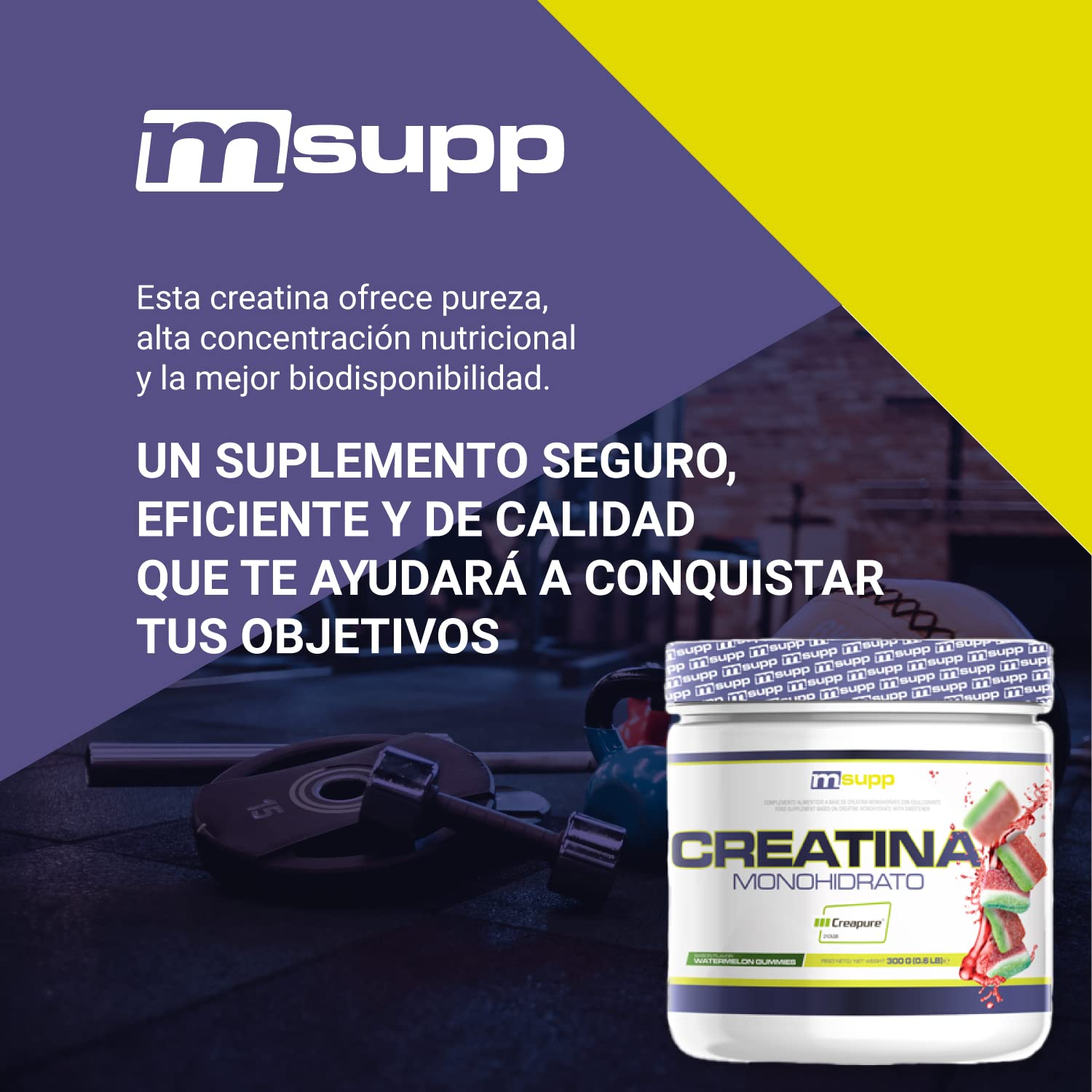 MASmusculo - Creatina Monohidrato Creapure® - en Polvo - Sin Azúcar - 300 g - Bote 3 Meses - Recuperador Muscular - Aumenta Masa Muscular - Sabor Chuches de Sandía - 5