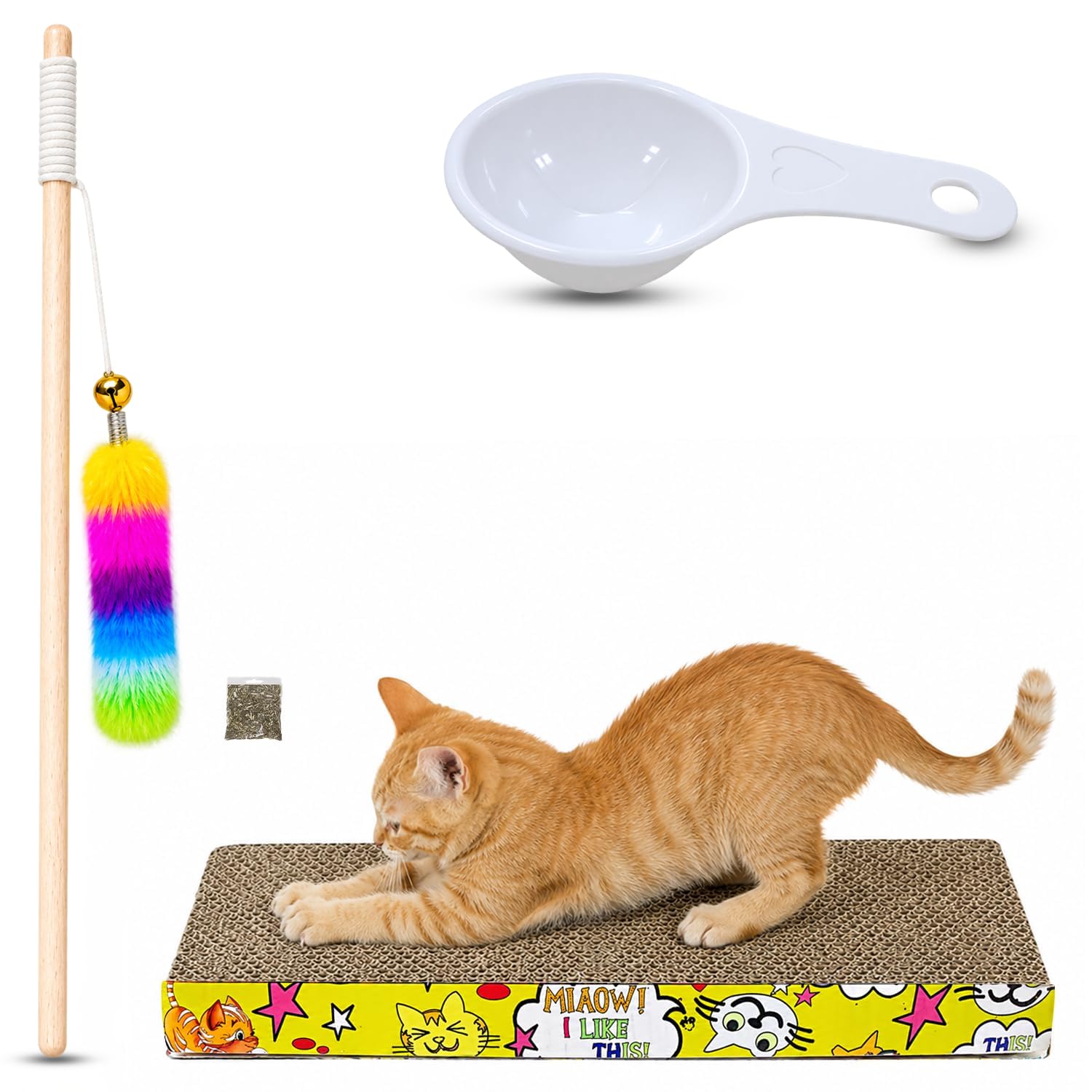 Emily Pets Cat Scratcher (Pack of 3) with Toys – Cardboard Scratch Pad, Feather Wand, and Plush Toy, Durable and Anti-Slip for Cats and Kittens (Color May Vary)