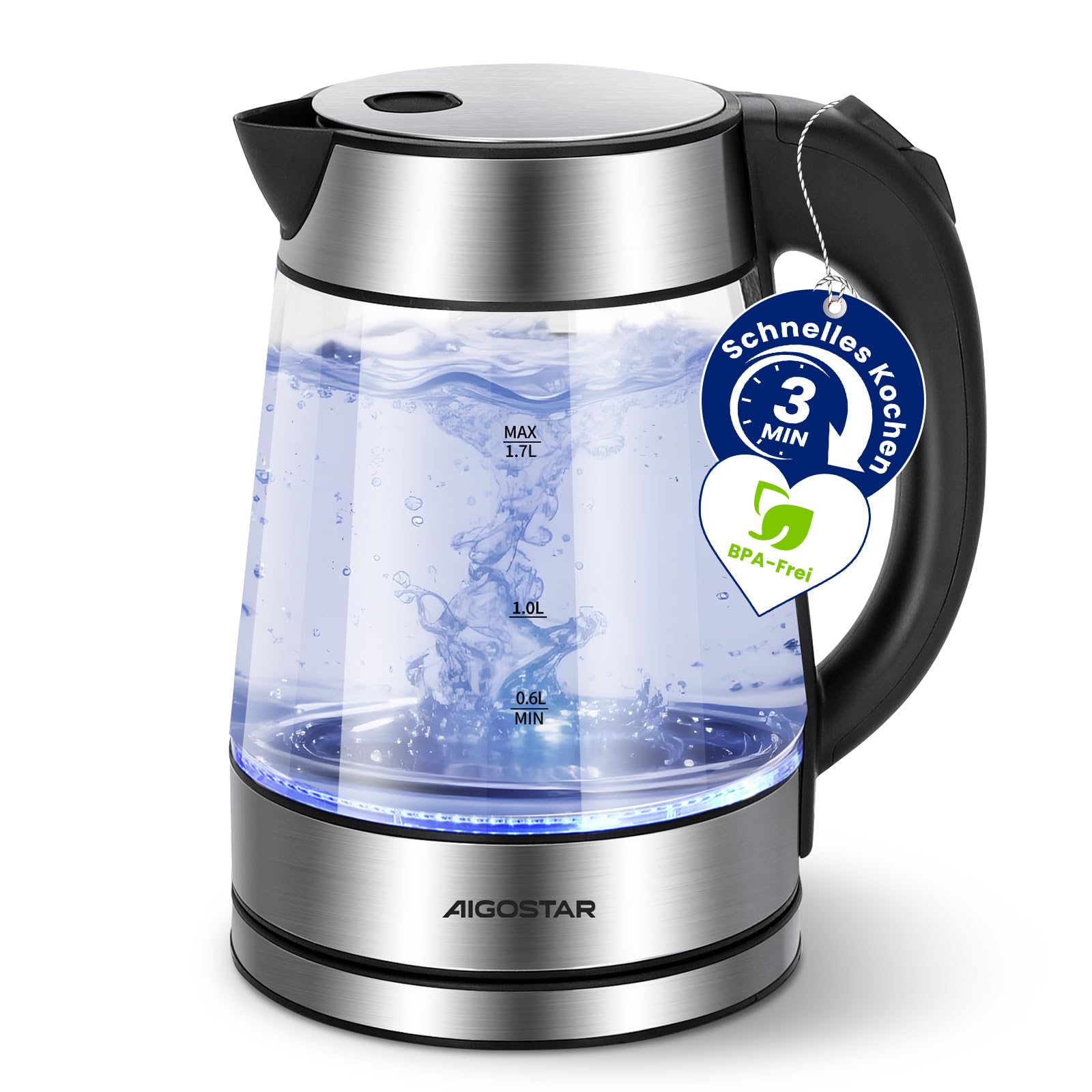 Aigostar Glas Edelstahl Wasserkocher mit LED-Beleuchtung, Kalkfilter