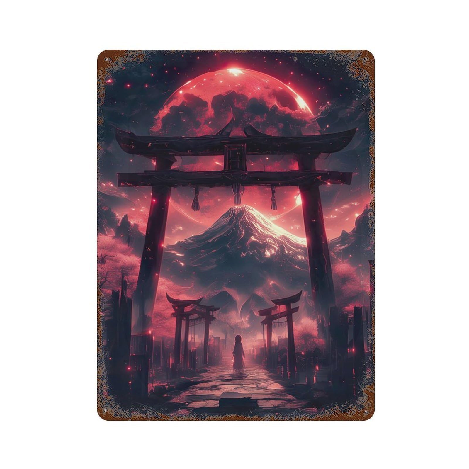 Garage Style Blood Moon Torii Gate Rust Effect Tin Sign 15.7"x11.8", Vintage Wall Decor for Bar And Workshop