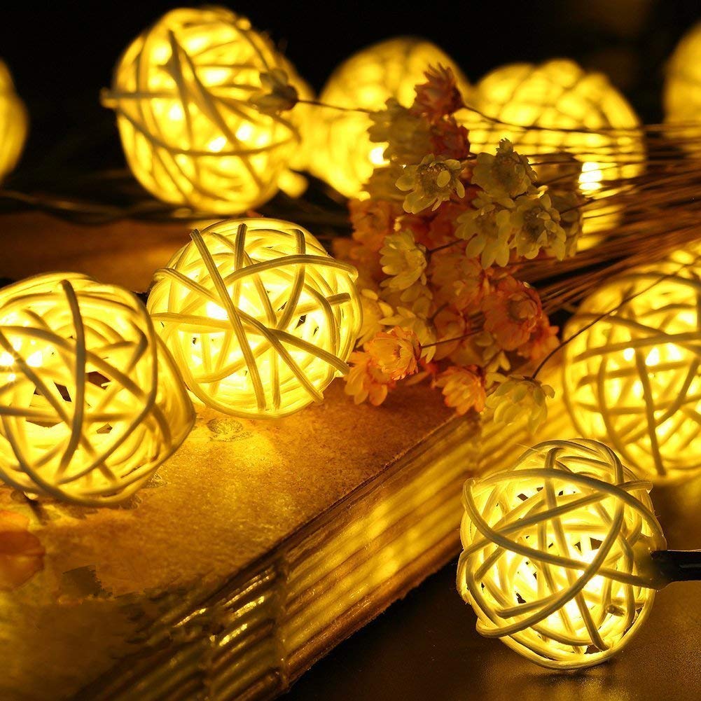 Led String Light，Morbuy Rattan Ball String Lights 20 Balls 2m LED Fairy Light Warm White Light Battery Powered Perfect for Indoor Outdoor Garden Chrismas Festival Party Wedding (Warm White)