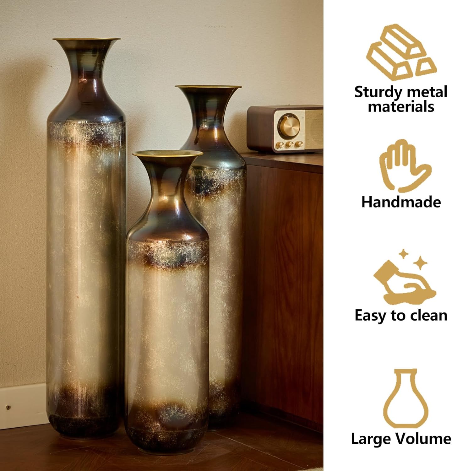 Vase Set of 3, Tall Vases for Decor Living Room Floor, Floor Vases Home Decor Large Tall, Cylindrical, Plush Textures, Gold Finishes, Metal (Gold)