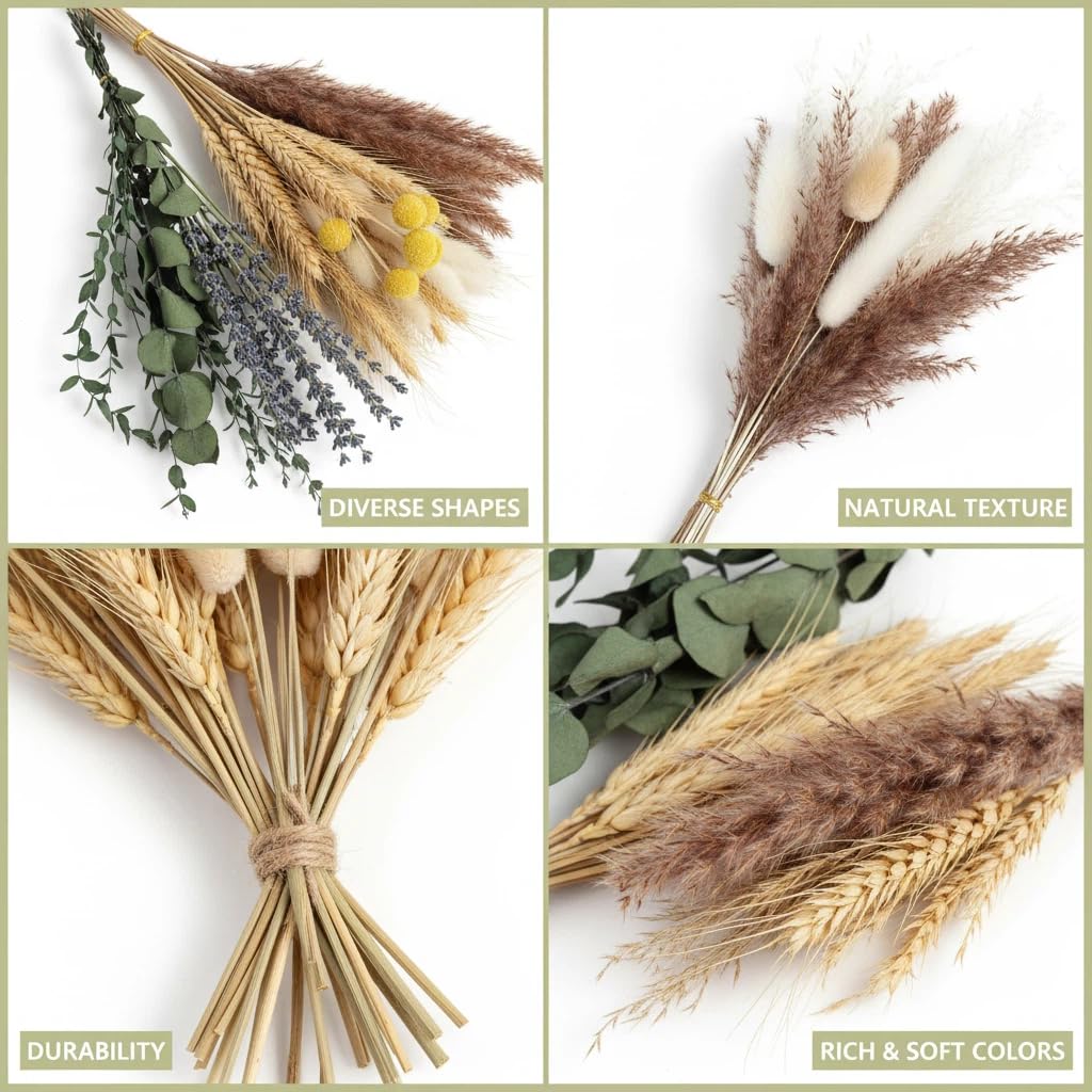 500 Stück getrockneter Pampasgrasstrauß – Boho-Trockenblumen für Vase, weiße und braune Pampas, Hasenschwänze, Weizen und Lavendel – natürliche Blumendekoration für Boho-Zuhause, Hochzeit, Babyparty
