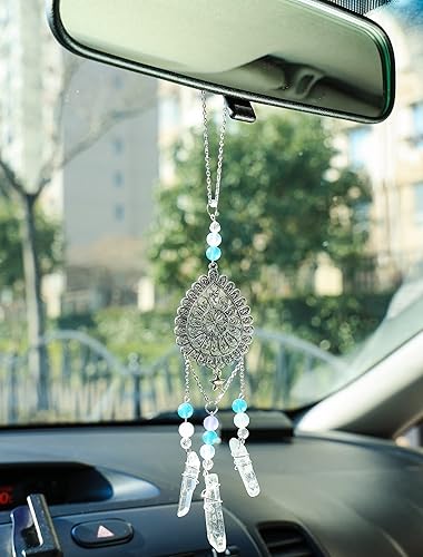 Miniatura 2 de Nosadi Dije de espejo retrovisor hecho a mano con diseño de arco iris, fluorita, cuarzo, mandala, decoración para colgar en la pared, decoración de