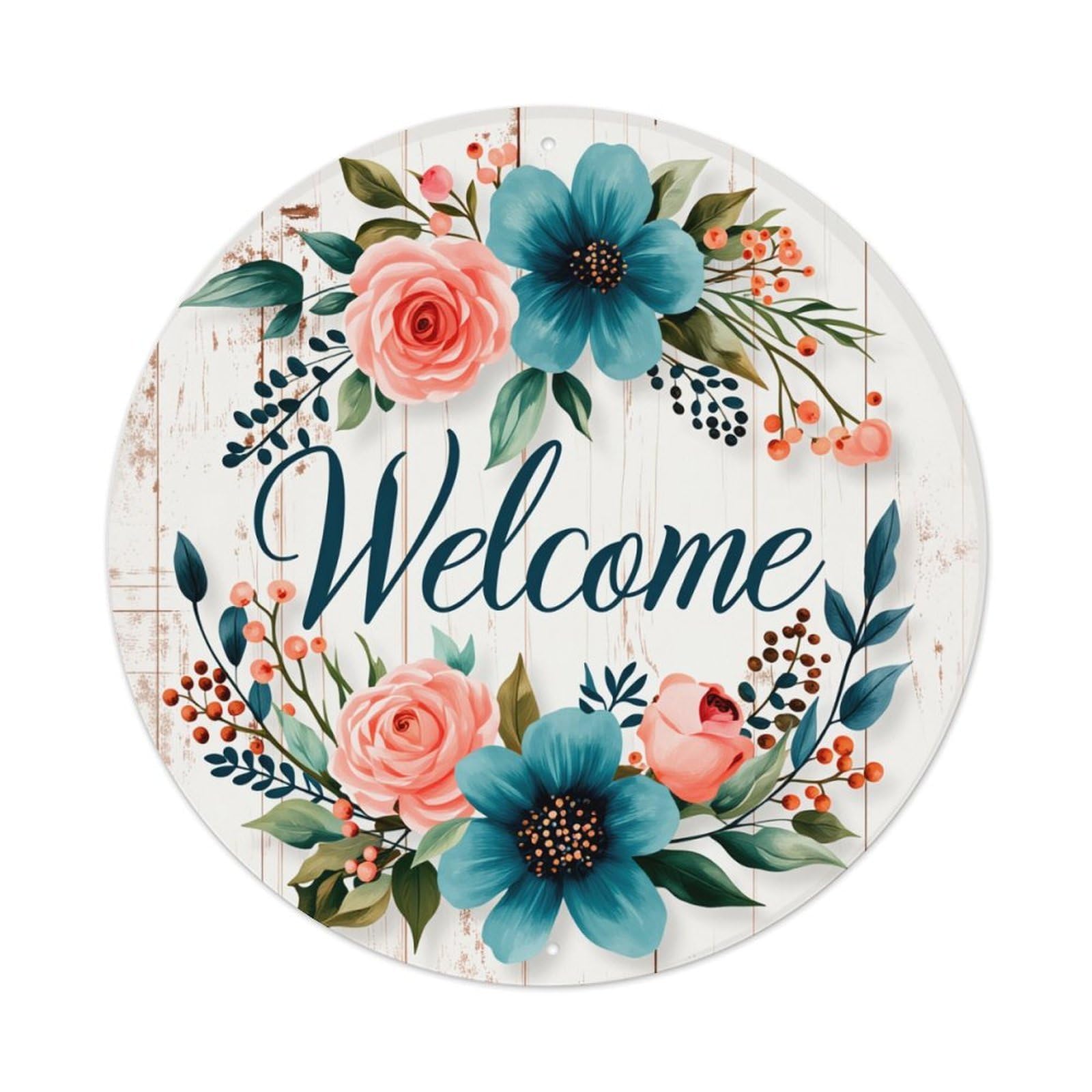 Floral Welcome Wreath Design Pattern Round Tin Sign Vintage Metal Poster, Home Bar Garage Man Cave Cafe Indoor & Outdoor Wall Decoration 8x8Inches
