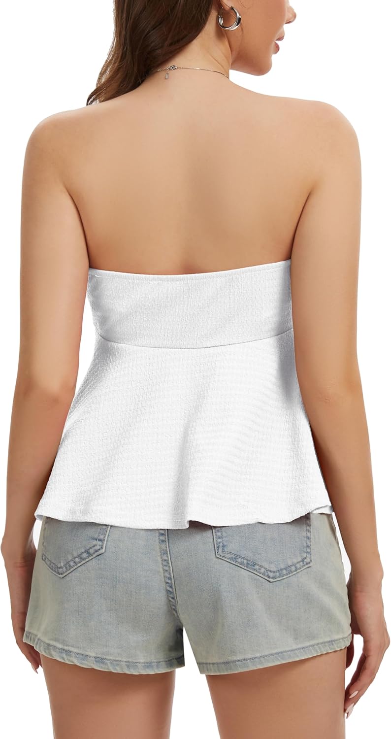 Tube Tops for Women Strapless Tie Front Ruched Tops Peplum Flared Hem Casual Bandeau Top - Image 5