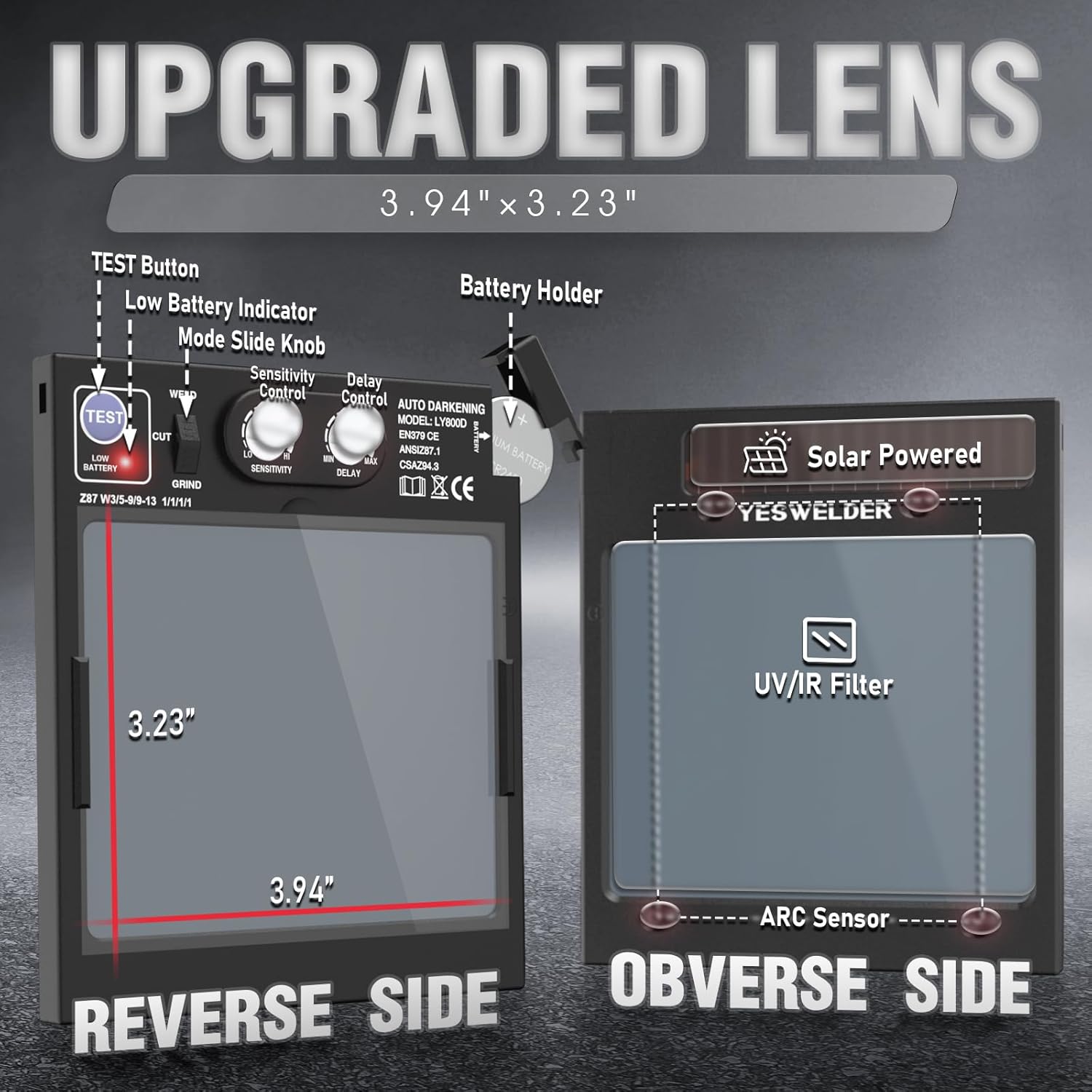 YESWELDER Auto Darkening Welding Helmet with Side View, 180° Panoramic View, 1/1/1/1 True Color Solar Powered Welder Hood, Wide Shade 3/5-9/9-13 Welder Mask for TIG MIG ARC Cut and Grind, LYG-Q800D - Image 8