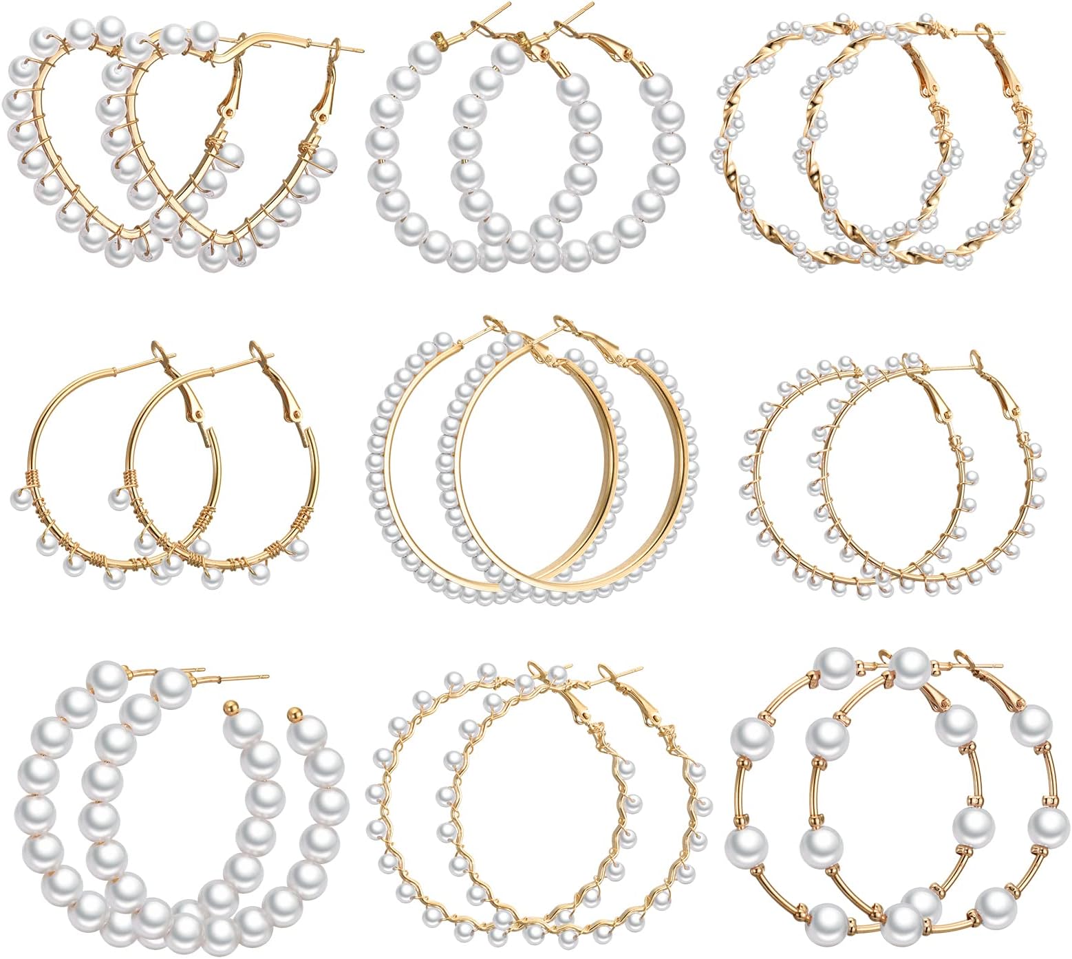 Pearl Hoop Earrings set for Women Pearl Hoops Earrings for Women Lightweight Open Large Circle Dangle Drop Earrings