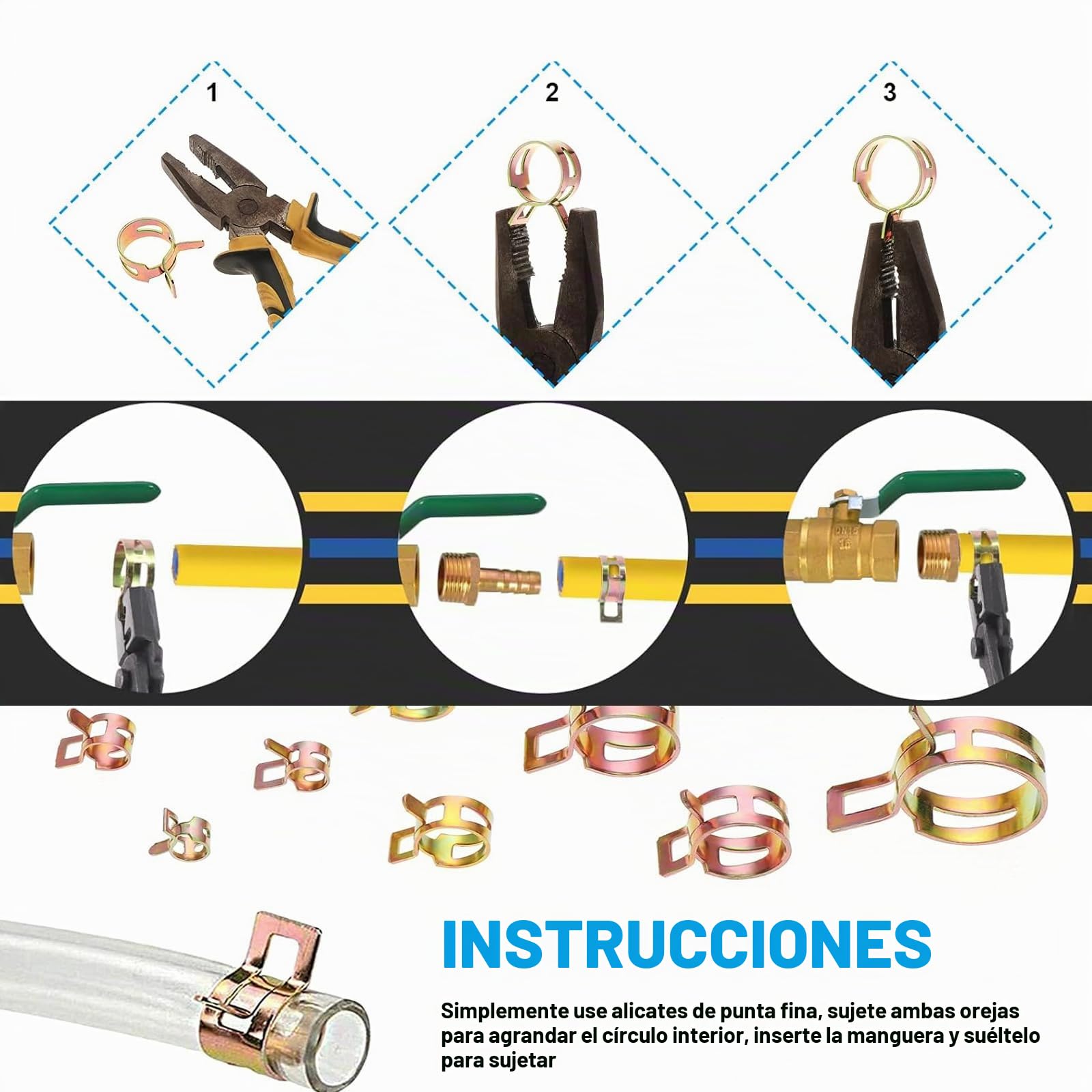 HSEAMALL 100 abrazaderas de resorte, clips de línea de combustible, tubo de aire, tubo de agua, abrazadera de manguera de vacío de silicona, 6-22 mm, 10 tamaños