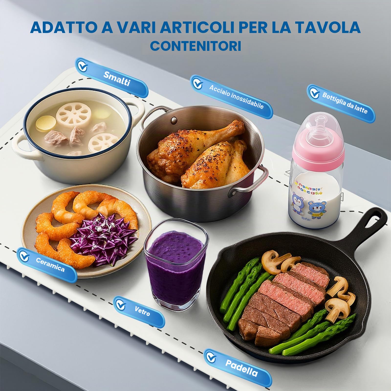 Warming board 10S - Tappetino riscaldante per alimenti e piastra termica, grande tappetino elettrico con 7 tempi e 8 impostazioni timer, in silicone flessibile, colore bianco