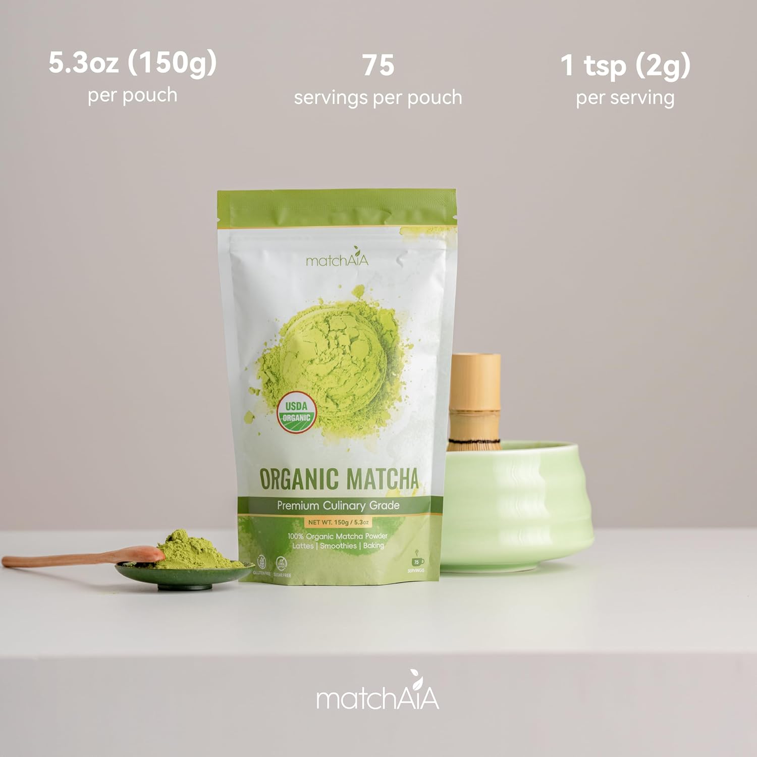 MatchAiA Organic Matcha Green Tea Powder - Premium Culinary Grade, USDA Certified, 100% Pure - Perfect for Lattes, Smoothies, Desserts and Baking - Sugar Free, Gluten Free (150g / 5.3oz Pouch) - Image 6