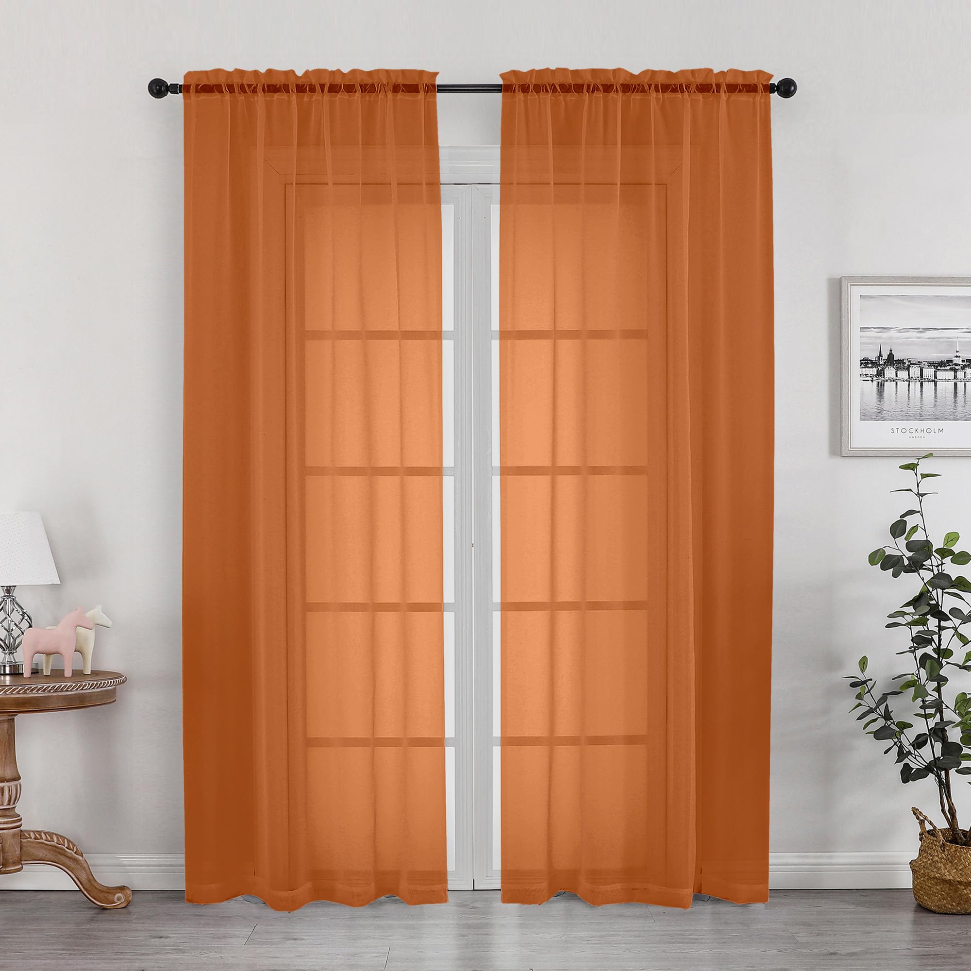 OWENIE Sheer Curtains 72 Inches Long 2 Panels Set, Light Filtering Sheer Curtain Rod Pocket Clear Drapes for Living Room Bedroom Window Sliding Door, Each 42 x 72 Inch, Orange