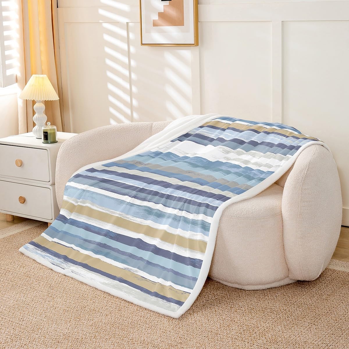 Erosebridal Brown Navy Beige Throw Blanket for Couch White Teal Grey Fleece Blanket, Aesthetic Striped Sherpa Blanket Wave Line Blanket, Grunge Minimalism Bed Blanket Lightweight