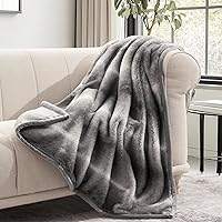 EVERGRACEHOME Luxury Mink Faux Fur Throw Blanket - Ultra Soft Fluffy Reversible 50x60 Ombré Silver Onyx for Bed Couch