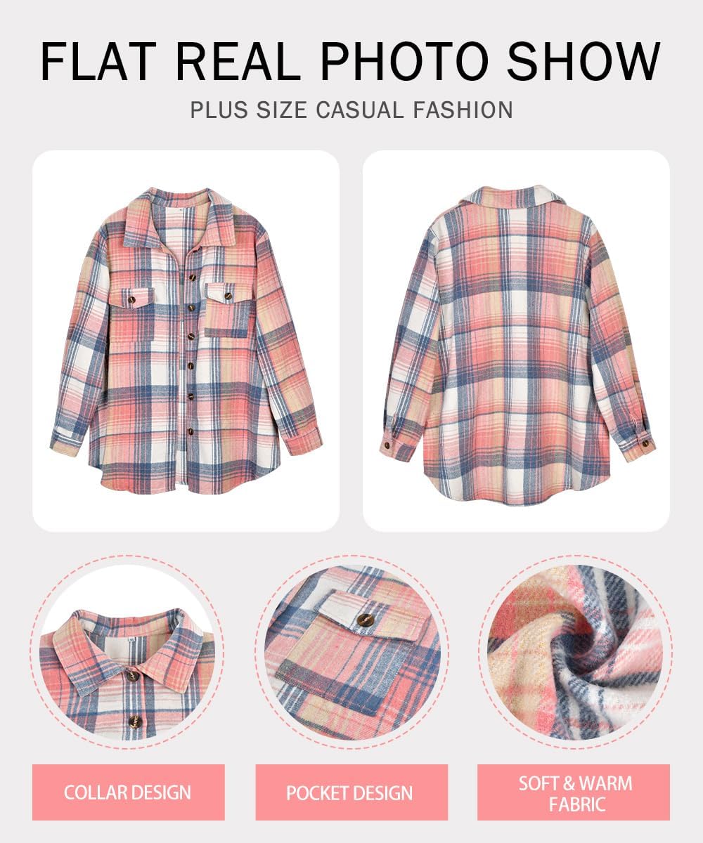 RITERA Womens Plus Size Shacket Jacket Flannel Button Down Plaid Long Sleeve Shirts Casual Fall Blouses Tops XL-5XL - Image 5