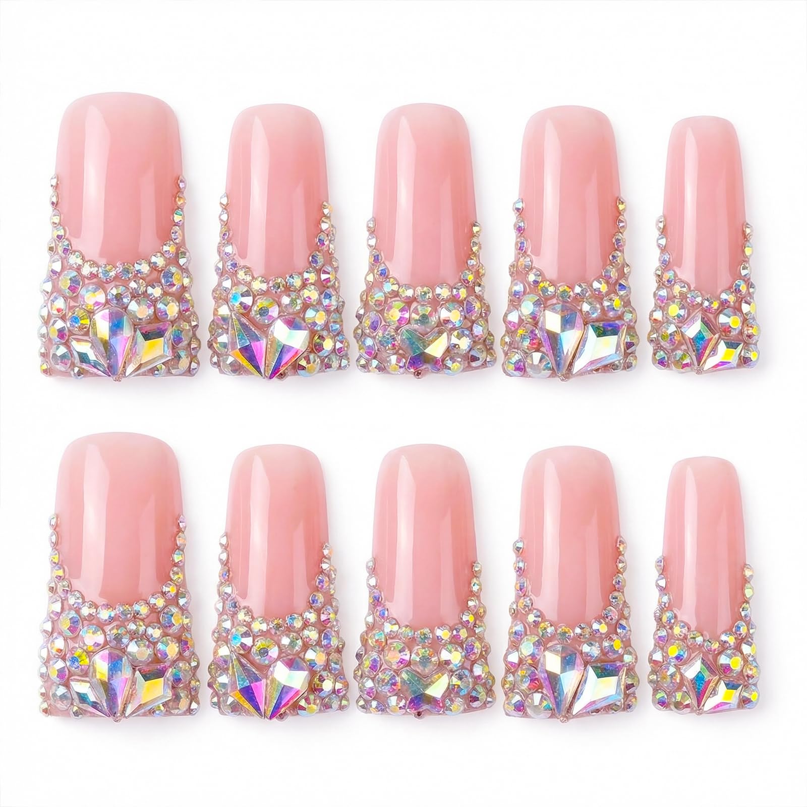 Unghie finte lunghe fatte a mano a forma di anatra, finte unghie finte di lusso con punta francese in cristallo e strass, unghie finte in gel rosa diamante, confezione da 10 unghie