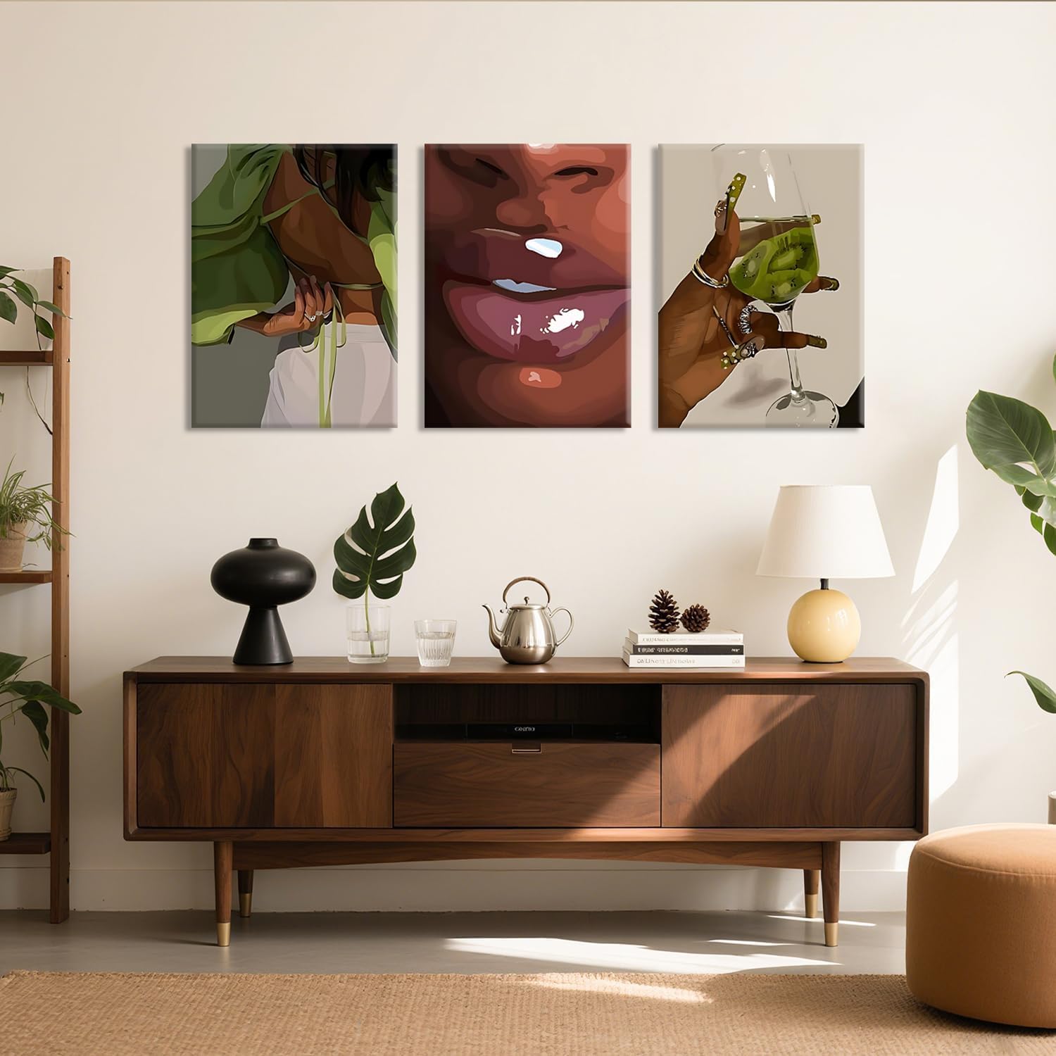 Trendy Black Girl Wall Art Set of 3, African American Woman Canvas Painting Fashion Abstract Black Women Wall Decor Home Aesthetic Poster Prints for Living Room Bedroom Bathroom 12x16 Inch Framed