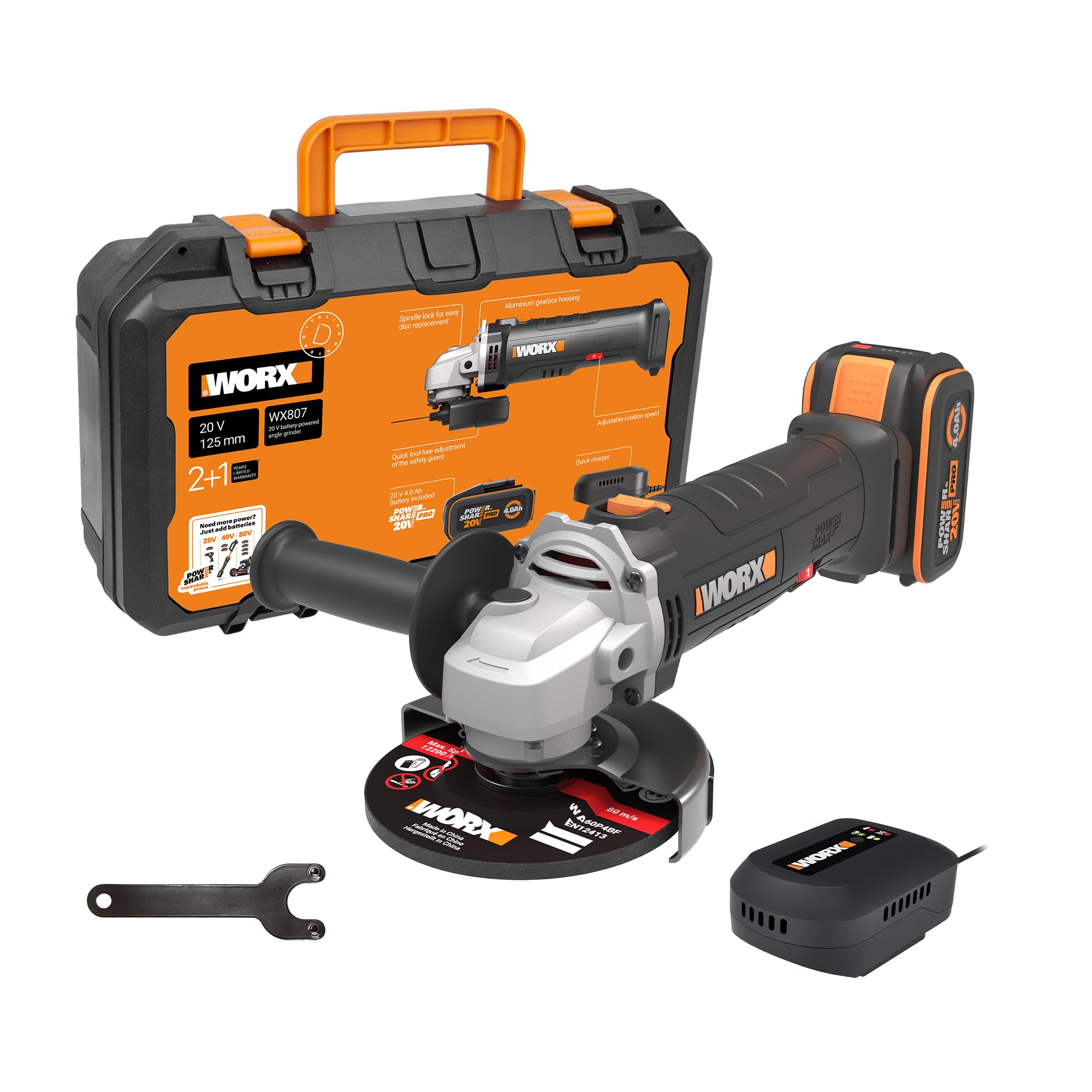 WORX WX807.9 Smerigliatrice angolare a batteria 20V, disco da 125 mm, 6 velocità da 2.500 a 11.000 giri/min, cuffia di protezione a regolazione rapida, batteria e caricabatterie non inclusi