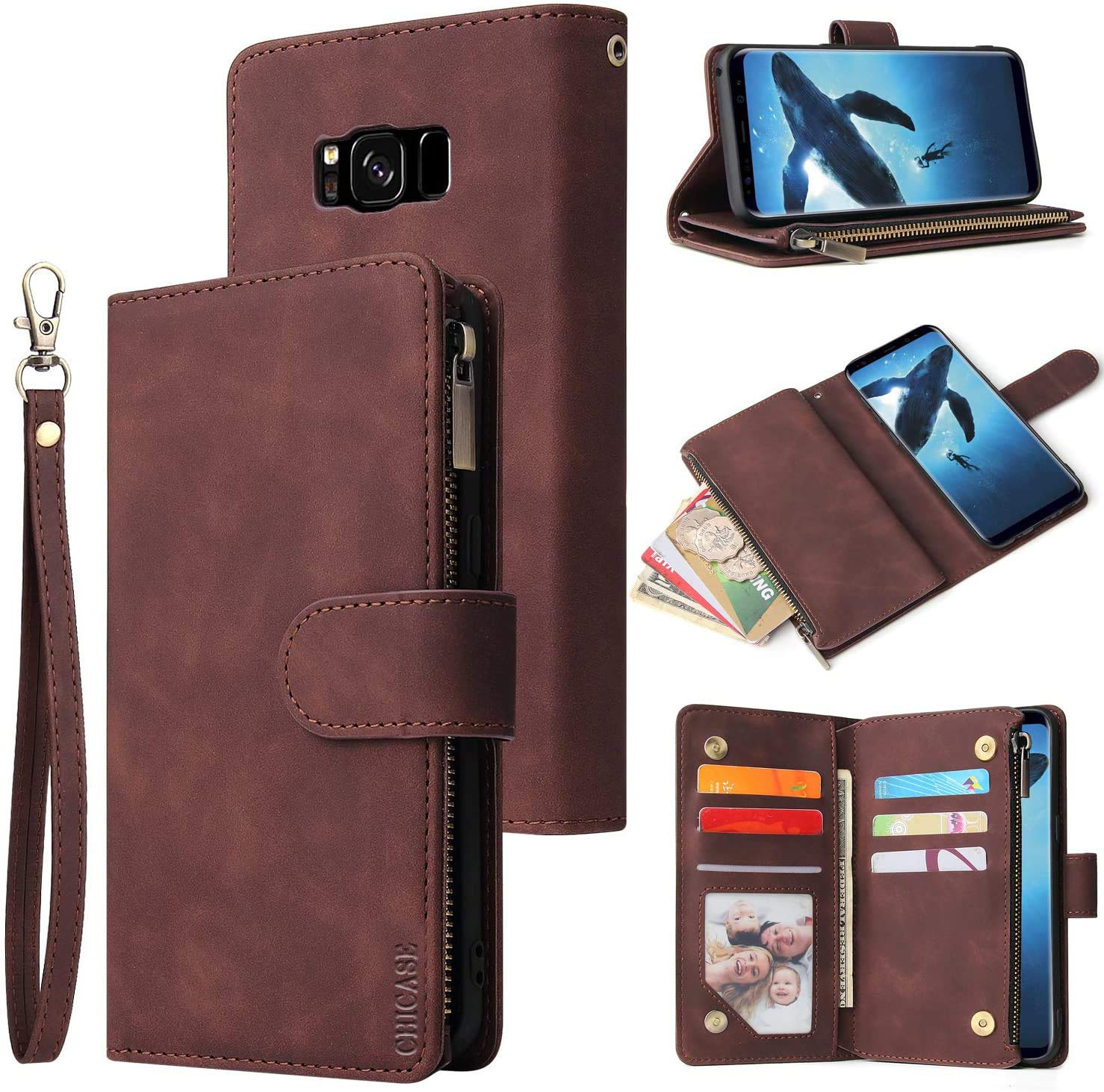 Wallet Case for Galaxy S8 Plus,Samsung S8+ Plus Case,Leather Handbag Zipper Pocket Card Holder Slots Wrist Strap Flip Protective Phone Cover for Samsung Galaxy S8 Plus(Coffee)