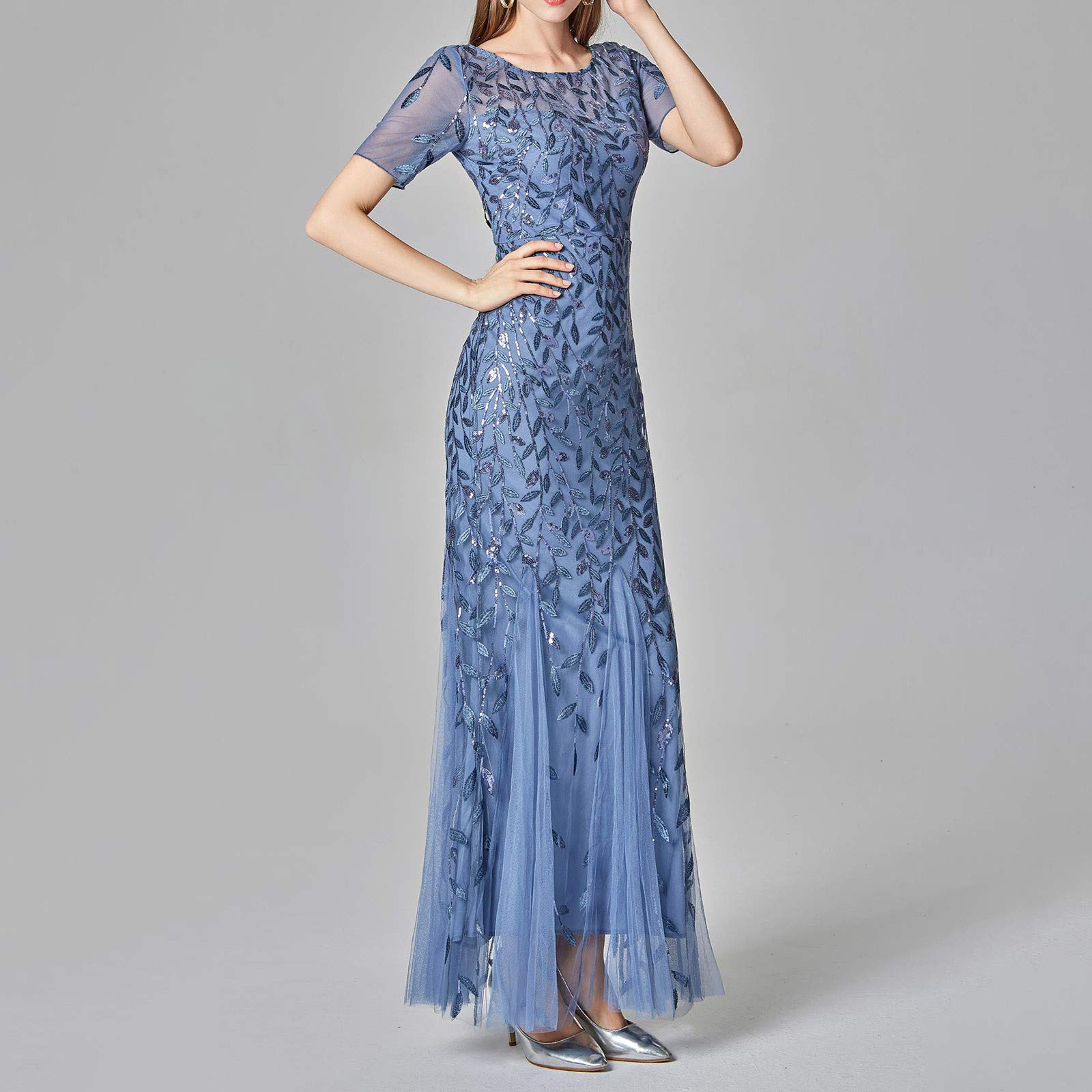 FUPODD Damen Abendkleid Elegant Maxikleid 1920er-Jahre Kleid Mit Pailletten Damenkleid Tüll Partykleid Frauen Kurze Ärmel Kleider Lang Cocktail-Meerjungfrau-Kleid Ballkleid Für Hochzeit Abendkleider