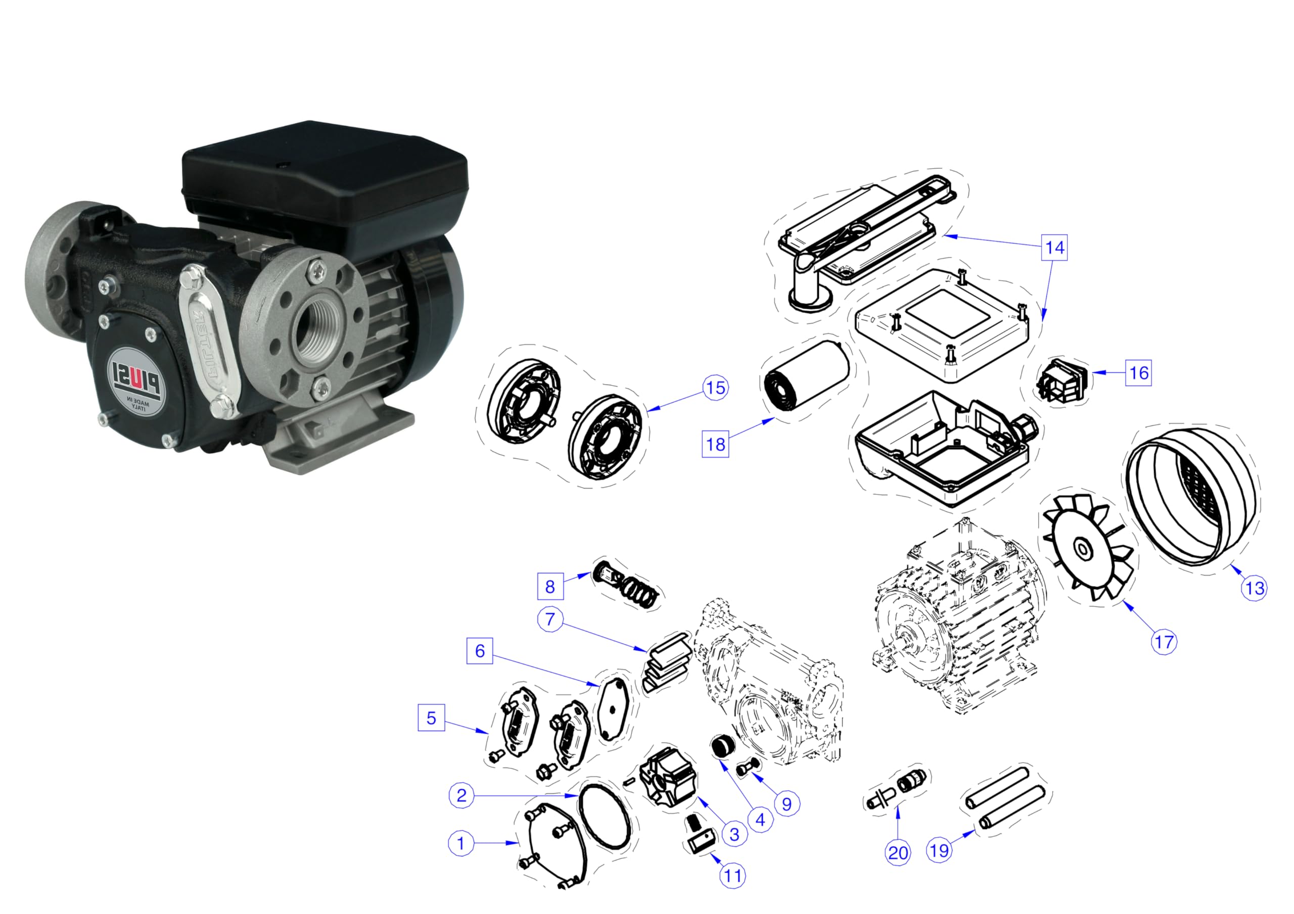 PIUSI Set Kit Ricambi Panther AC 56/72/90, completo di Guarnizione, Tenuta Albero Motore, Filtro, By-Pass, Set Palette + Molle