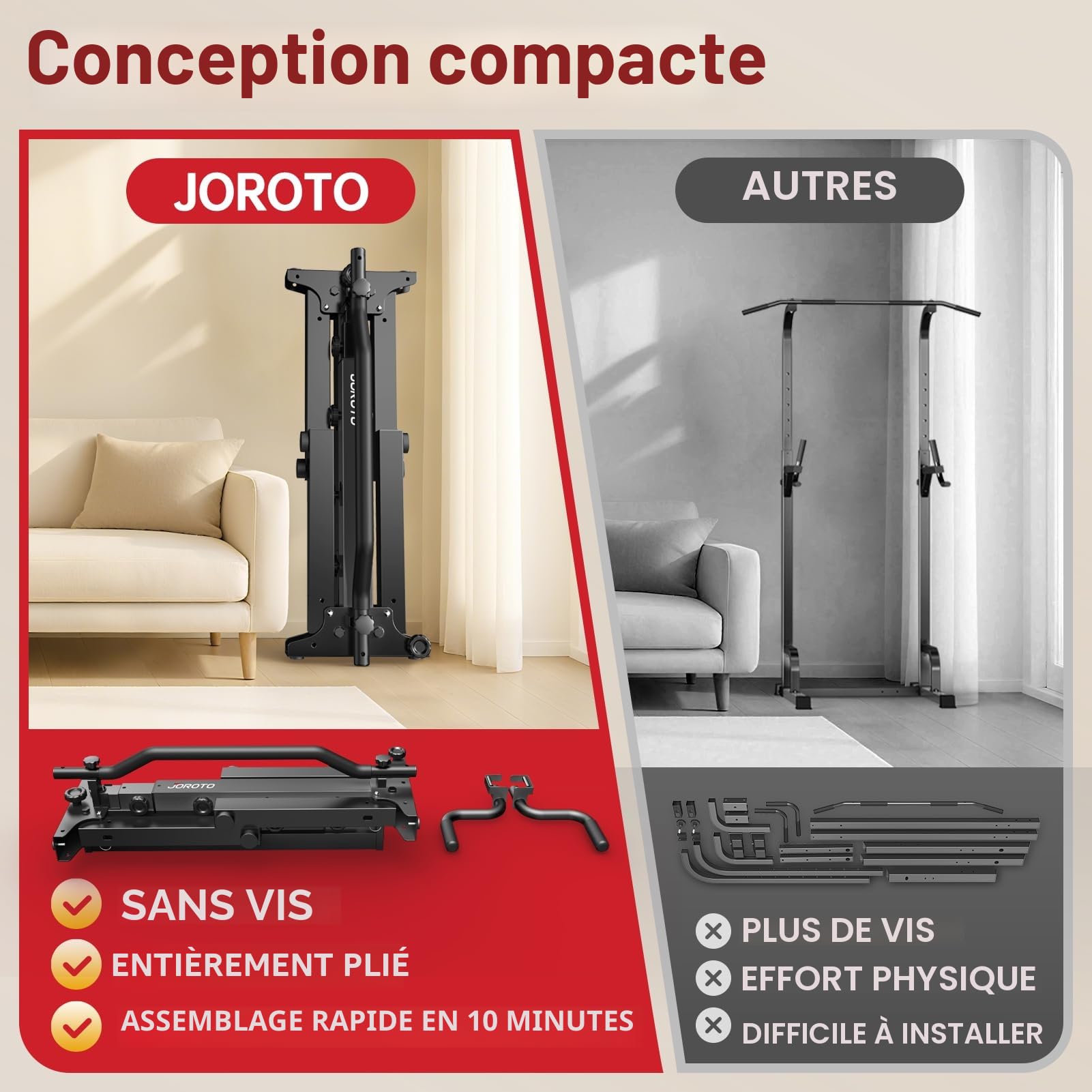 JOROTO Pliable Power Tower Barre de Traction & Dip Station, Autoportante Station de Musculation, Réglable en Hauteur, 5 en 1 Appareil d'Entraînement Dorsal pour la Maison Multifonction, 172KG Capacité