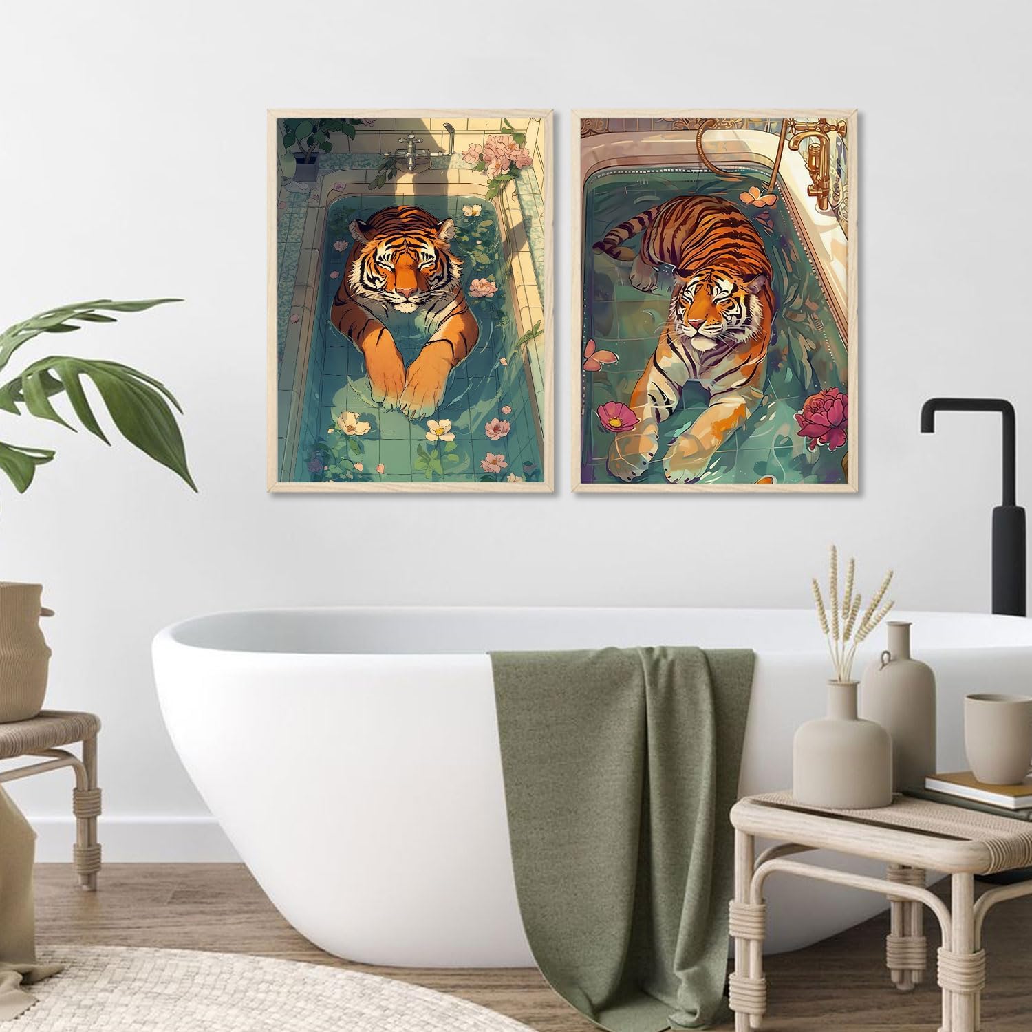 2ps Framed Tiger in Bathtub Wall Art Print Pink Kitsch Canvas Aesthetic Funny Bathroom Animal Paintings Pictures Wall Decor Fashionable Tiger Poster Modern Gallery Decor Ready to Hang