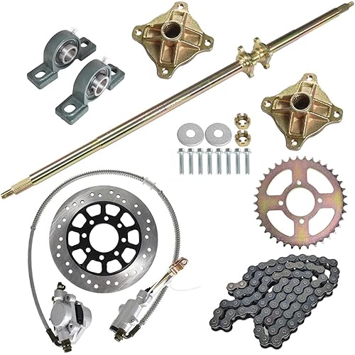Go Kart 44 Rear Live Axle Assembly Kit Rear Axle Pillow blocks Sprocket Brake Disc Wheel Hubs Chain Brake Master Cylinder Caliper Replacement for Go Kart ATV Quad and Drift Trikes