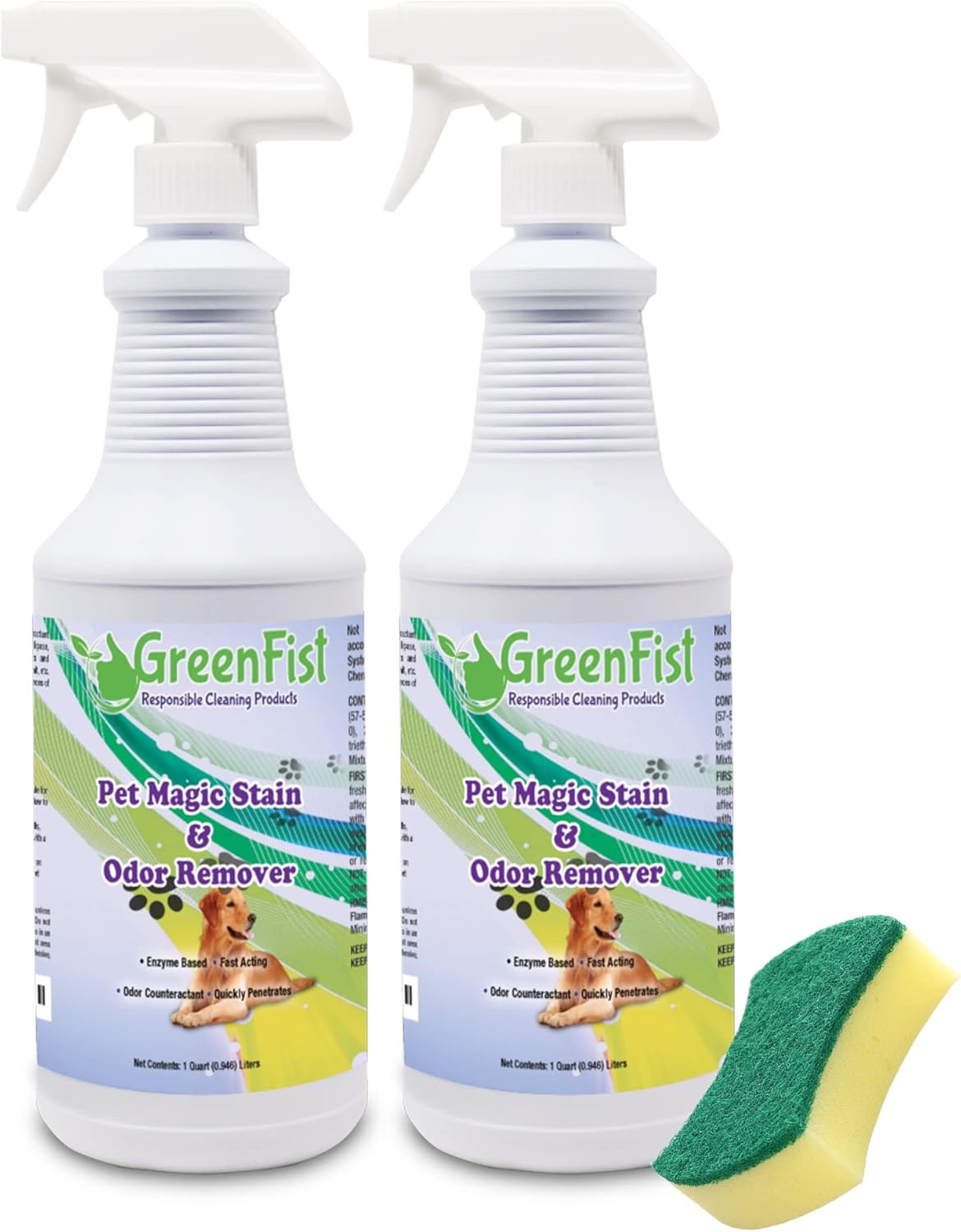 GreenFist Pet Stain & Odor Remover Magic Fast Acting Carpet Spot Cleaner Enzyme Powered Formula Cats,Dogs, Small Animal Urine, 32 oz Spray (2 Pack w/Sponge)