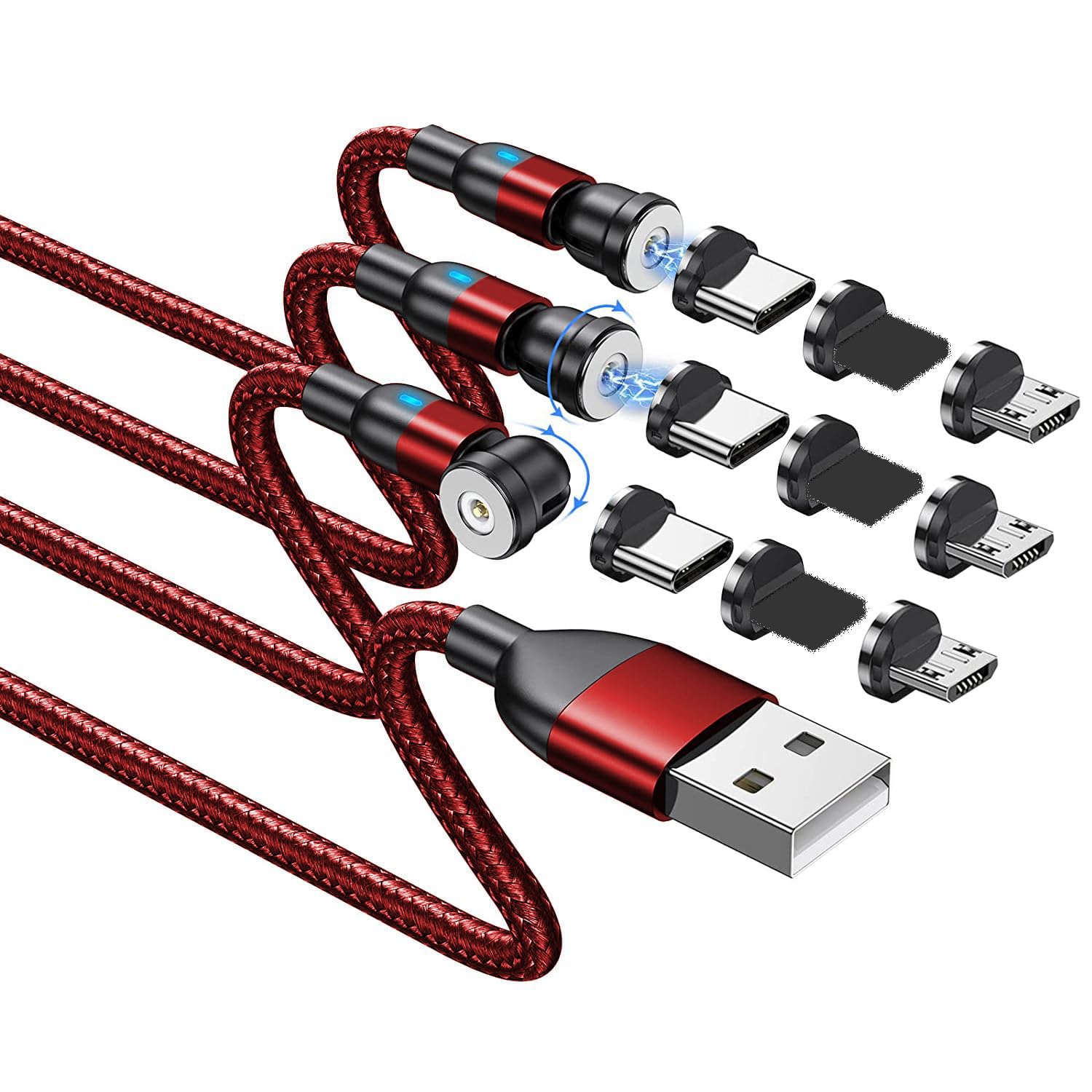 BITHAI Magnetic Charging Cable 3-Pack 540° Rotation Magnetic Phone Charger Cable with LED Light Compatible with Micro USB, Type C and iProduct Device