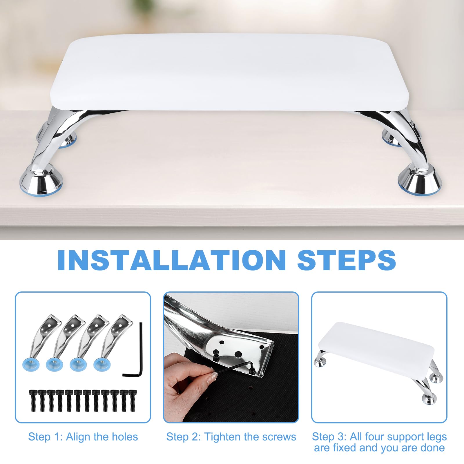 Cojín reposamanos para uñas,reposabrazos para uñas con soporte de acero inoxidable,Cojín de Mano de Manicura de Cuero de Microfibra ideal para salón de manicura,suave e impermeable (blanco)