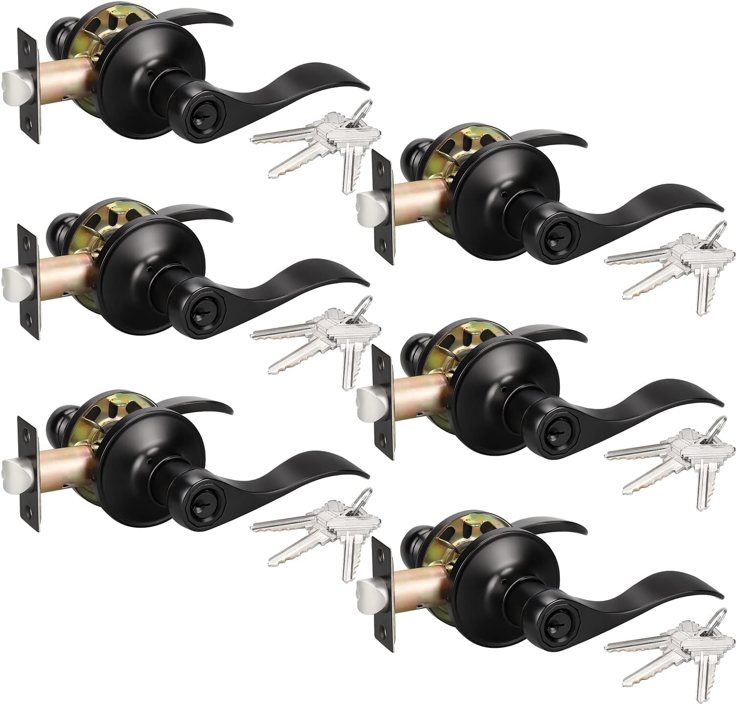 KNOBWELL 6 Pack Entrance Lever Door Handle(for Office/Front Door) Entry Door Handle Set Reversible for Right/Left, Keyed Alike/Combo Keys, Matte Black Finish