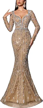 Women Sequin Beaded Mermaid Prom Dress Long Sleeve Evening Gown
