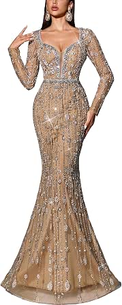 Women Sequin Beaded Mermaid Prom Dress Long Sleeve Evening Gown