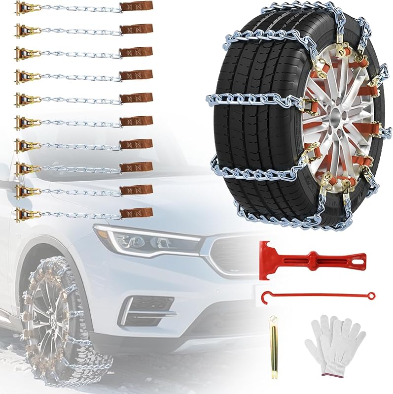 Snow Chains for Car 10Pcs Tire Chains for SUV Manganese Steel Tire Chains Heavy Duty Universal Anti-Slip Chains for Tires Durable Tire Cables