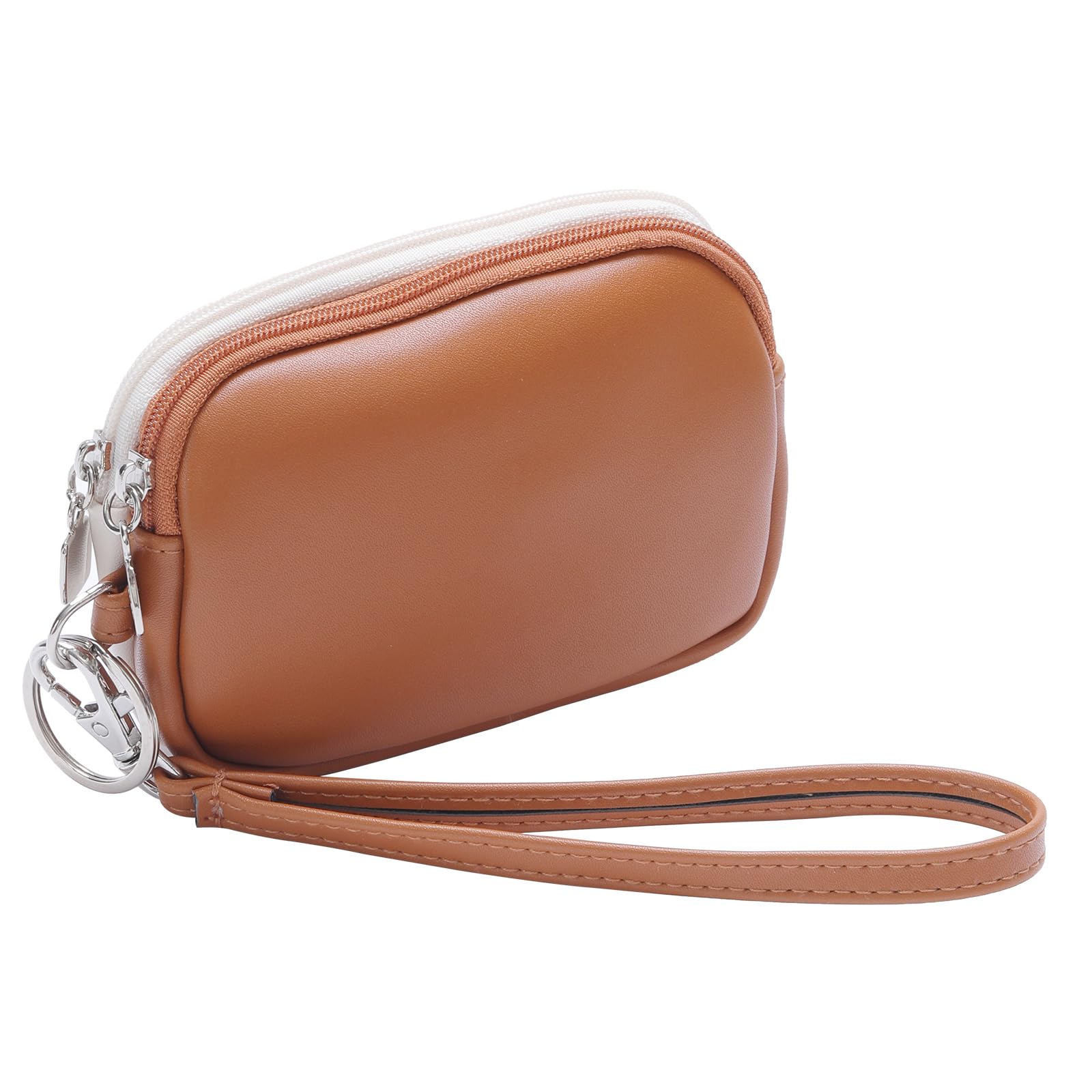 Small Coin Purse Pouch with Keychain,2 Zippered Leather Change Purse with Wristlet,ID Case Card Holder Wallet for Women & Men，Brown & Cream