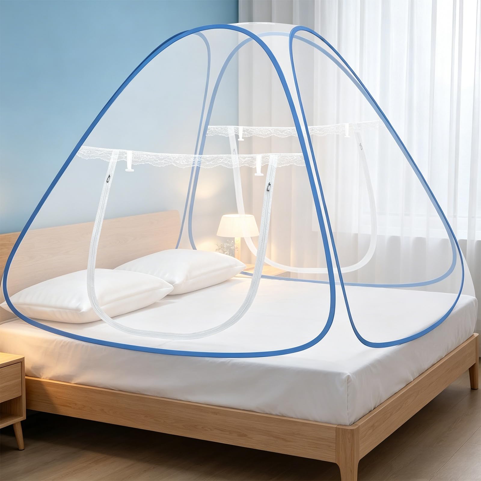 Faburo Moustiquaire de Lit Pliable en Forme de Dôme, 2 m x 2 m x 1,5 m, Fermeture à Glissière Double Porte, Rideau Tente Portable pour Camping