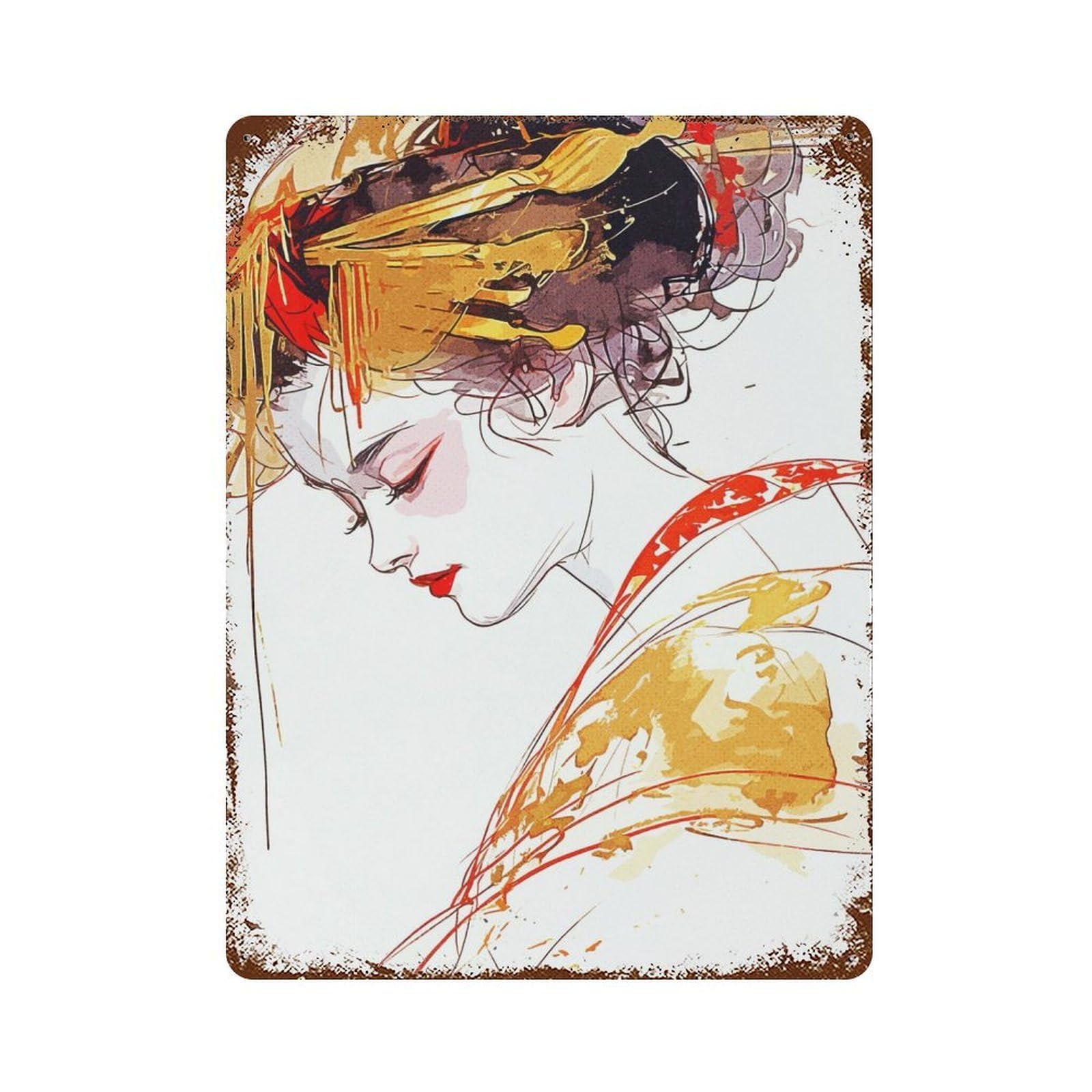 Distressed Metal Wall Sign Paint Geisha 15.7"x11.8", Vintage Wall Decor for Cafe, Home Bar And Lounge Decor