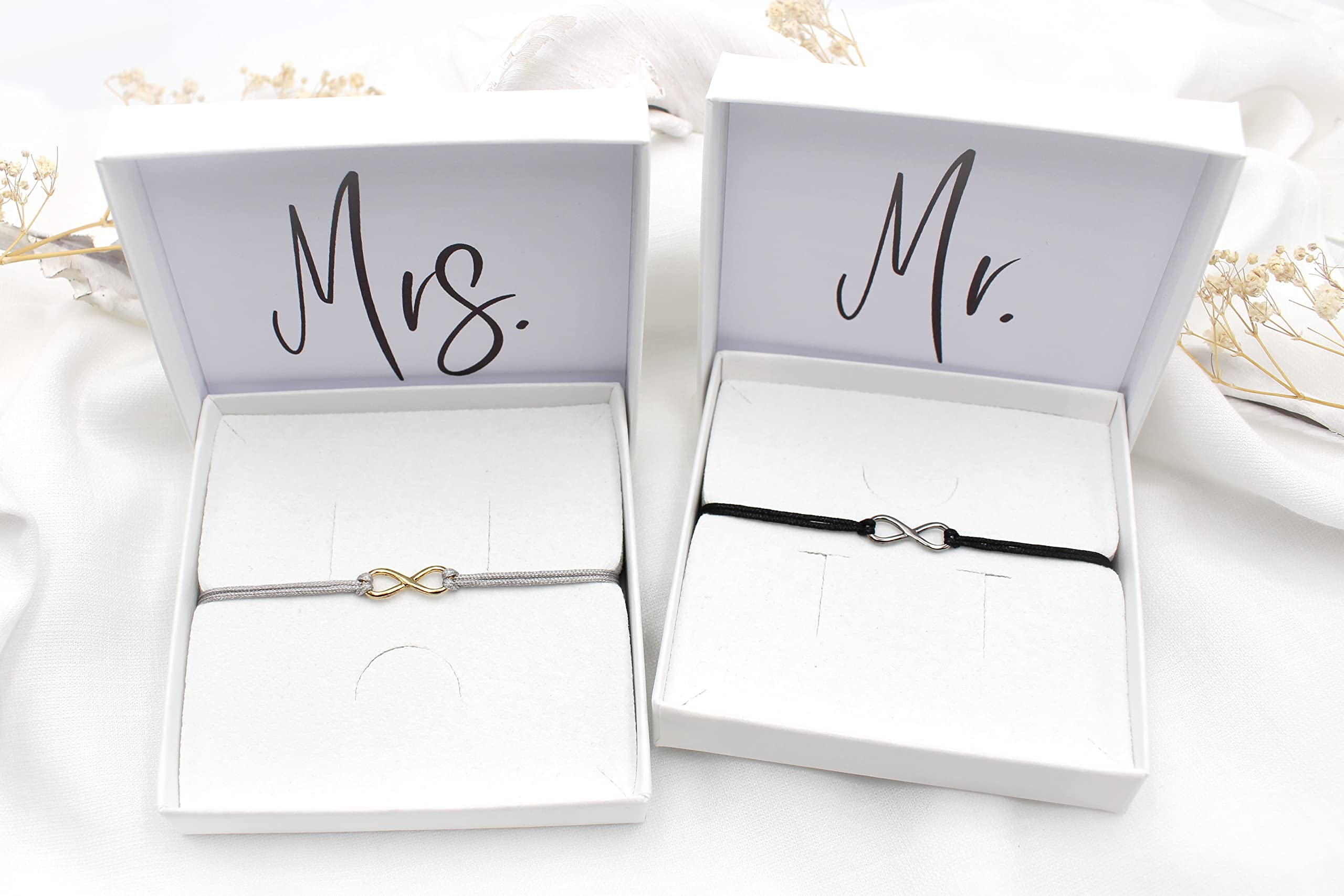 Infinity Armband Set Mr & Mrs 925 Silber - 4tlg Partnerarmband verstellbar | große Farbauswahl