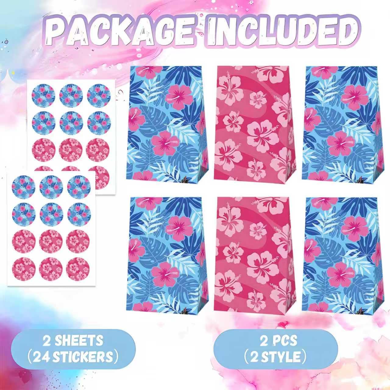 24 Pcs Cute Cartoon Pink Blue Hibiscus Party Gift Bags with Stickers Hawaiian Party Favors Paper Goodie Bags for Hawaiian Tropical Birthday Supplies(24Pcs-bags)