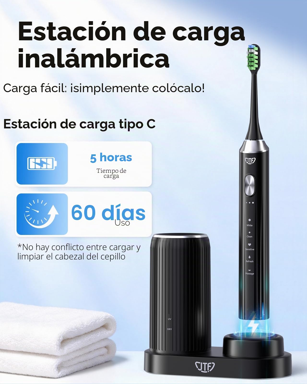 JTF Cepillo de Dientes Eléctrico Sónico con Limpieza y Secado UV, Estación de Carga Inalámbrica, 5 Modos de Limpieza, 6 Cabezales de Repuesto, Vaso Incluido y Resistente al Agua IPX7 (Negro)